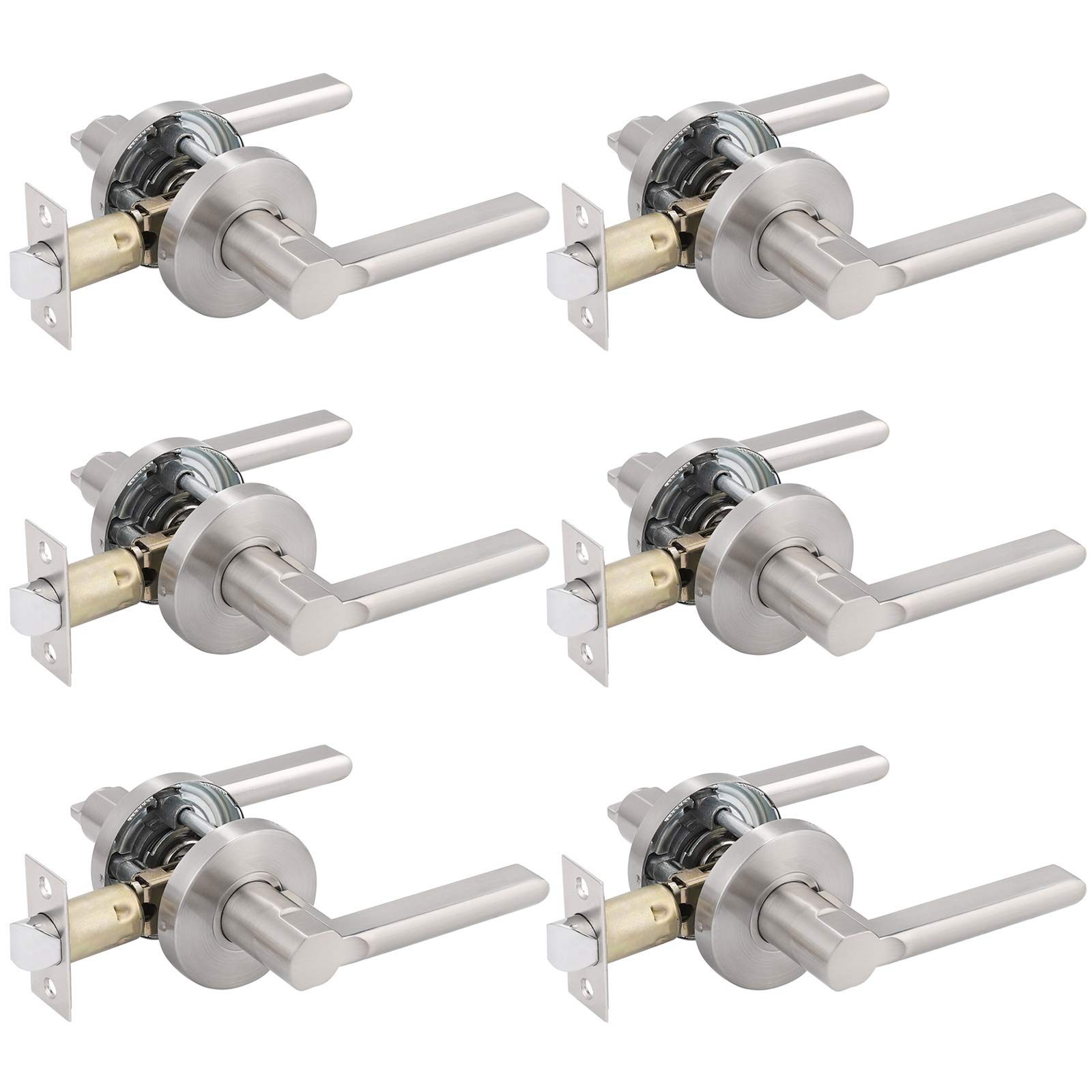 Gobrico 6 Pack Interior Door Levers - Flat Straight Style Nickel Finish Passage Door Locksets for Hallway, Closet & Bedroom - Easy Installation for Home & Office Use