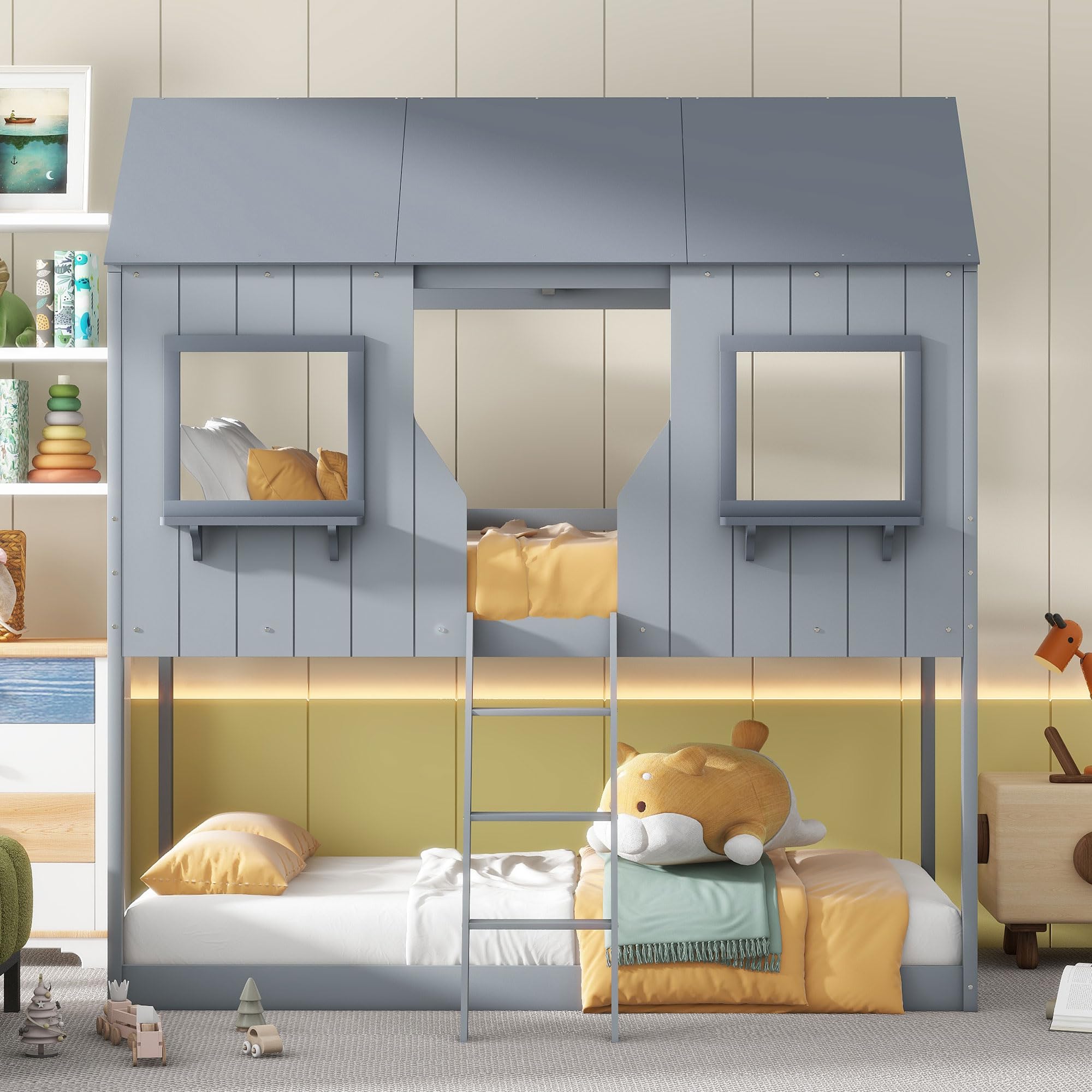 Polibi Twin-Over-Twin Wooden Bunk Bed with Playhouse Design - Farmhouse Style Kids Bunk Bed with Ladder & Safety Guardrails - Space-Saving Grey Bunk Bed for Kids' Bedroom, Playroom or Small Spaces