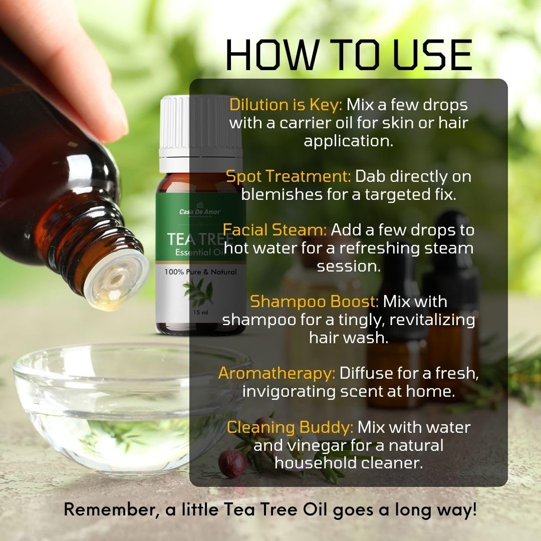 Pure Tea Tree Oil for Skin & Hair - Reduces Acne, Promotes Clear Skin & Hair Growth | 15ml Essential Oil for Face Care, Scalp Treatment & Natural Beauty | Perfect for DIY Skincare & Aromatherapy
