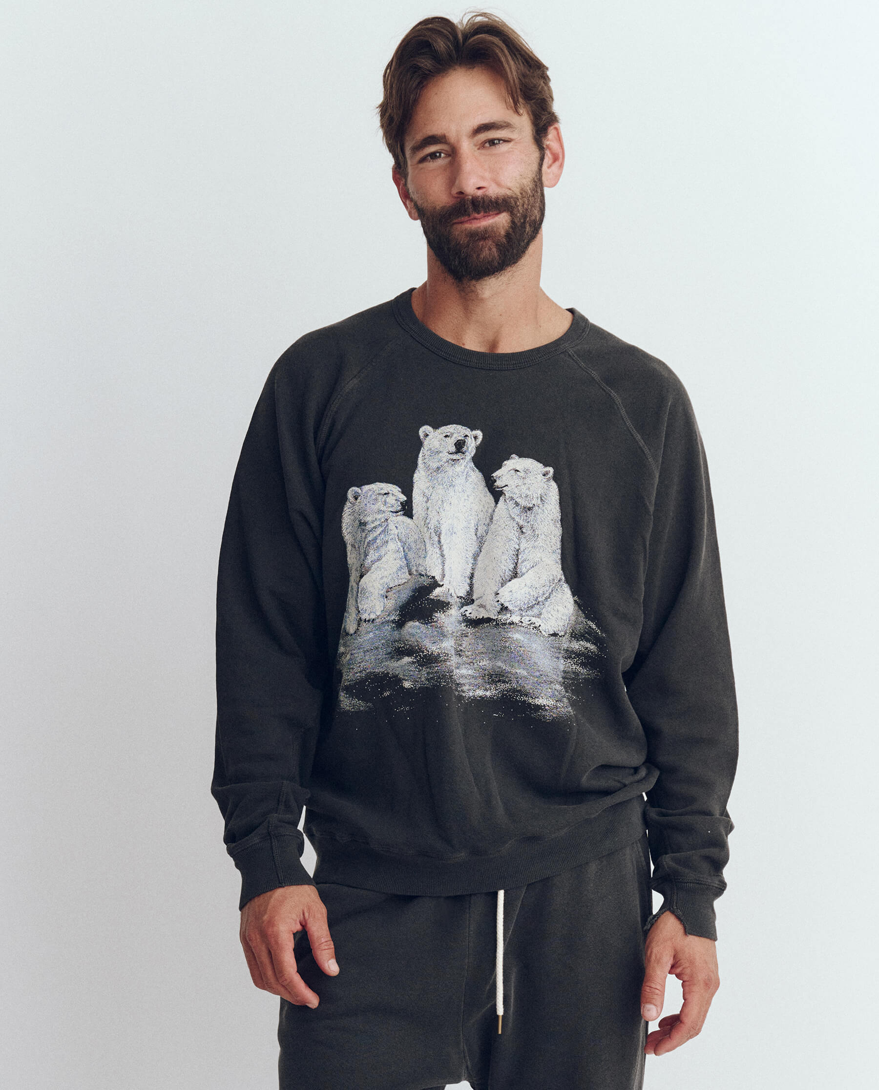 Men's Graphic College Sweatshirt - Washed Black Polar Bear Design | Casual Wear, Campus Style, Winter Fashion
