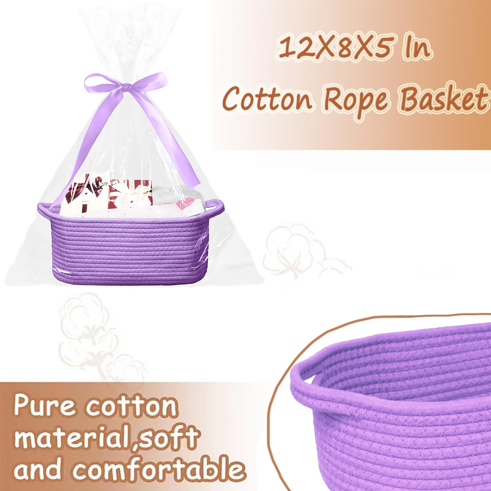 Baby Gift Basket with Gift Bags & Ribbons - Empty Cotton Storage Basket for Toys, Baby & Pet Supplies - 12x8x5 Inches, Purple - Perfect for Baby Showers, Nursery Organization & Pet Toy Storage