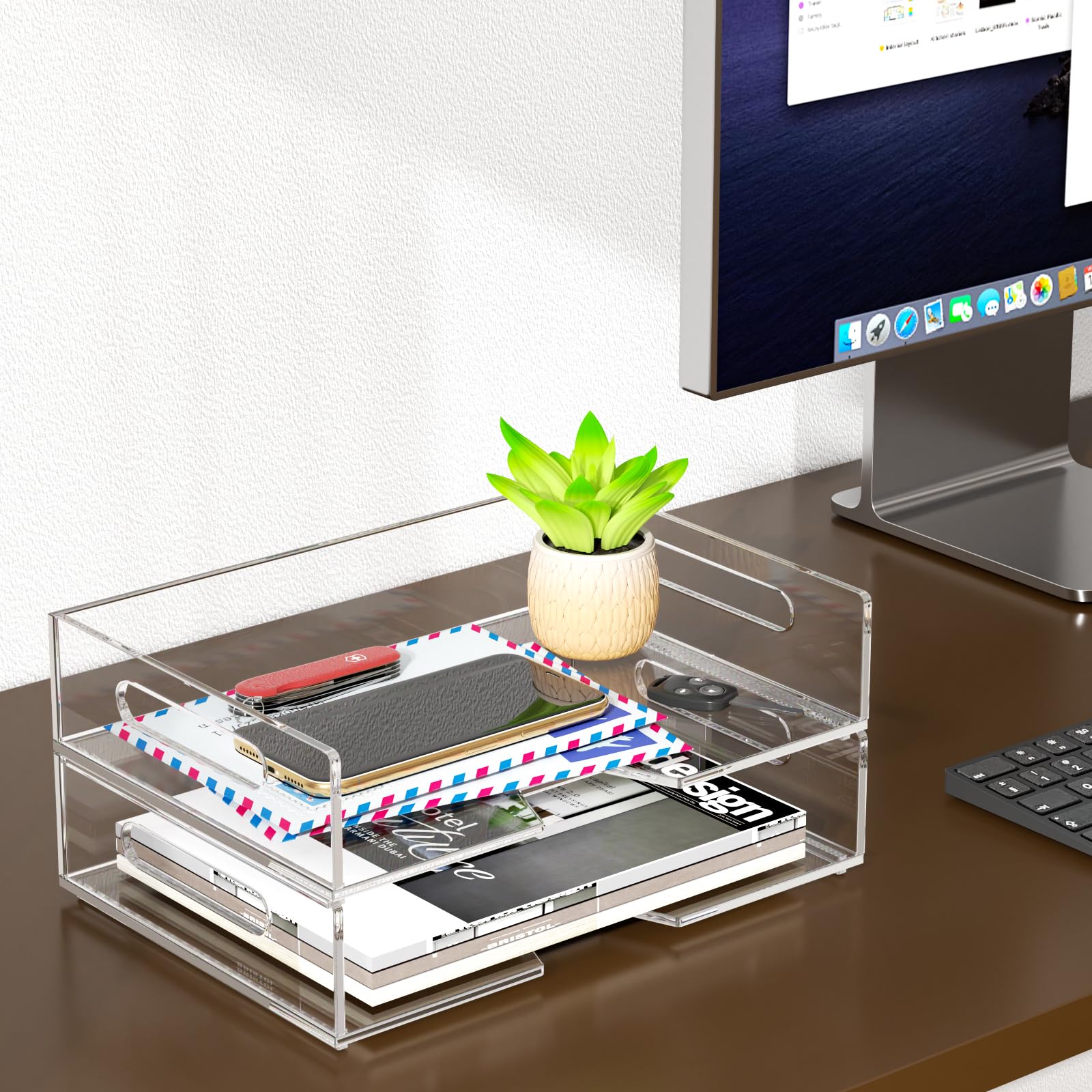 HIIMIEI 2 Pack Clear Acrylic Letter Tray - Stackable Desk Organizer for Documents, Files, and Office Supplies | Perfect for School, Home & Office Use | Horizontal Desktop Storage Solution for Paperwork, Mail, and Stationery