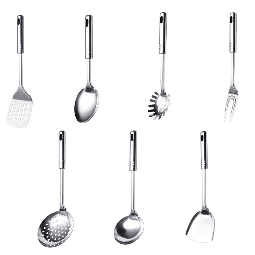 7-Piece Stainless Steel Kitchen Utensil Set - Meat Fork, Colander, Soup Ladle & Cooking Tools for Baking, Grilling & Food Prep | Durable Cookware Gadgets for Home Chefs