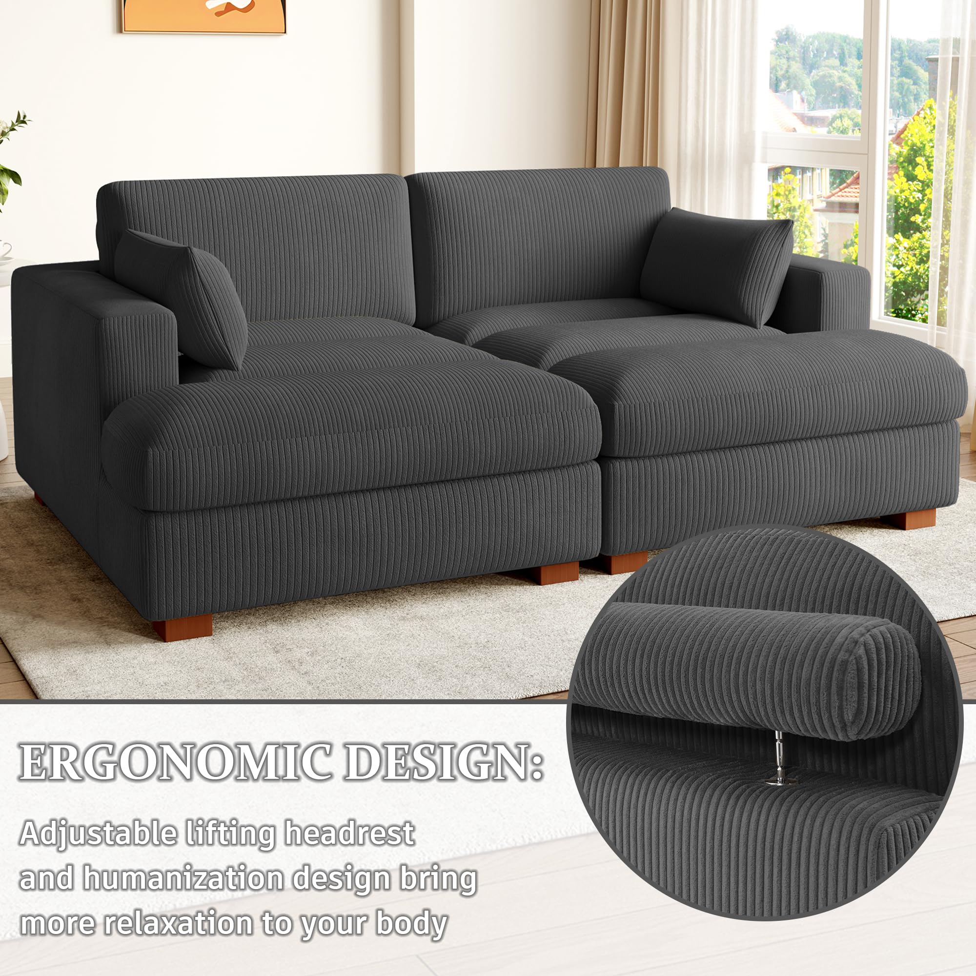 Oversized Corduroy Chaise Lounge Chair with Armrest & Throw Pillows - 2-Seater Grey Sofa for Bedroom, Living Room | Perfect for Relaxing, Reading & Lounging