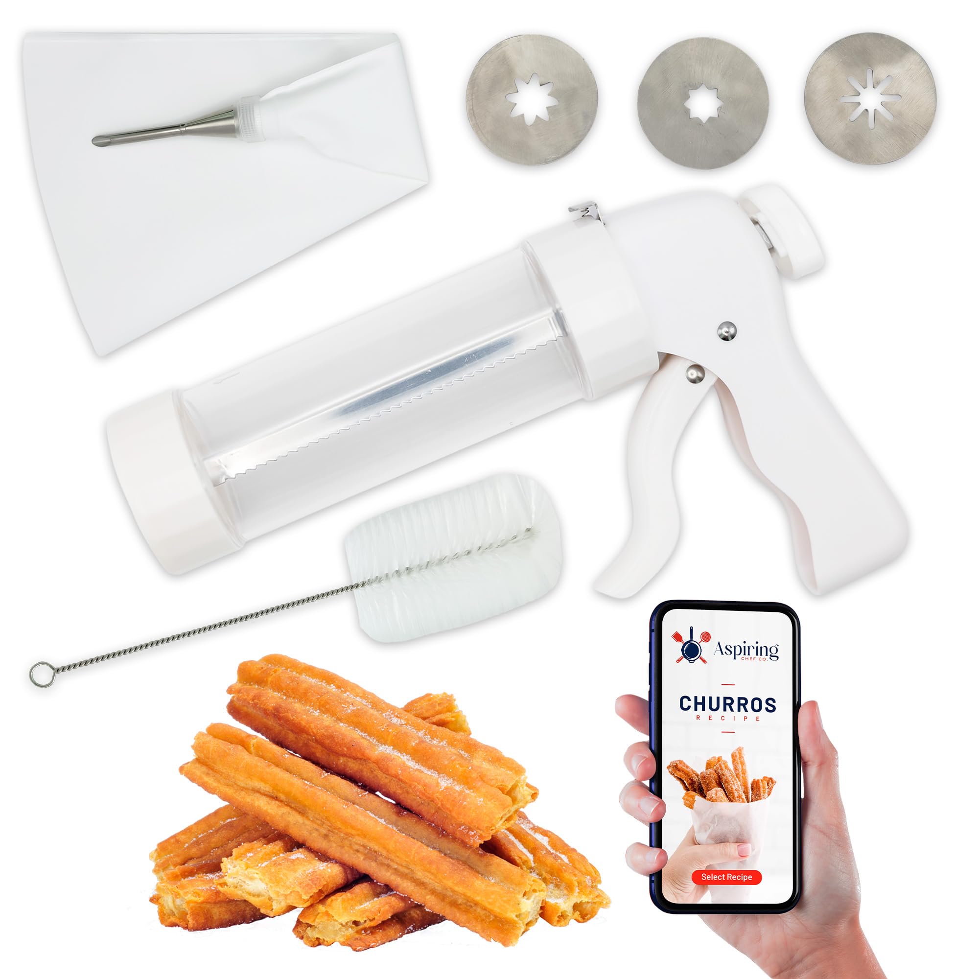 Churro Maker Machine Kit with Gun Handle, Stainless Steel Nozzles, Piping Bag & Recipe E-Book - Easy to Clean Churros Making Set for Home Baking, Party Snacks & Spanish Dessert Preparation
