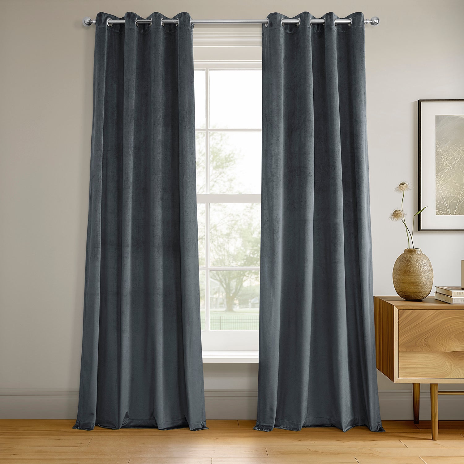 Blue Grey Grommet Blackout Curtains for Windows - Thermal Insulated Velvet Drapes for Bedroom & Living Room - Noise Reducing Room Darkening Panels for Better Sleep