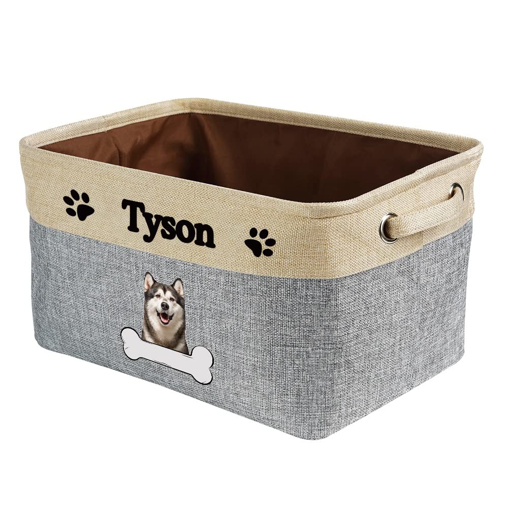 Personalized Alaskan Malamute Dog Bone Pattern Fabric Storage Basket - Grey & White Rectangular Toy Organizer with Handles for Closet, Garage, Bedroom | Perfect for Pet Toys, Clothes, Blankets & Home Organization