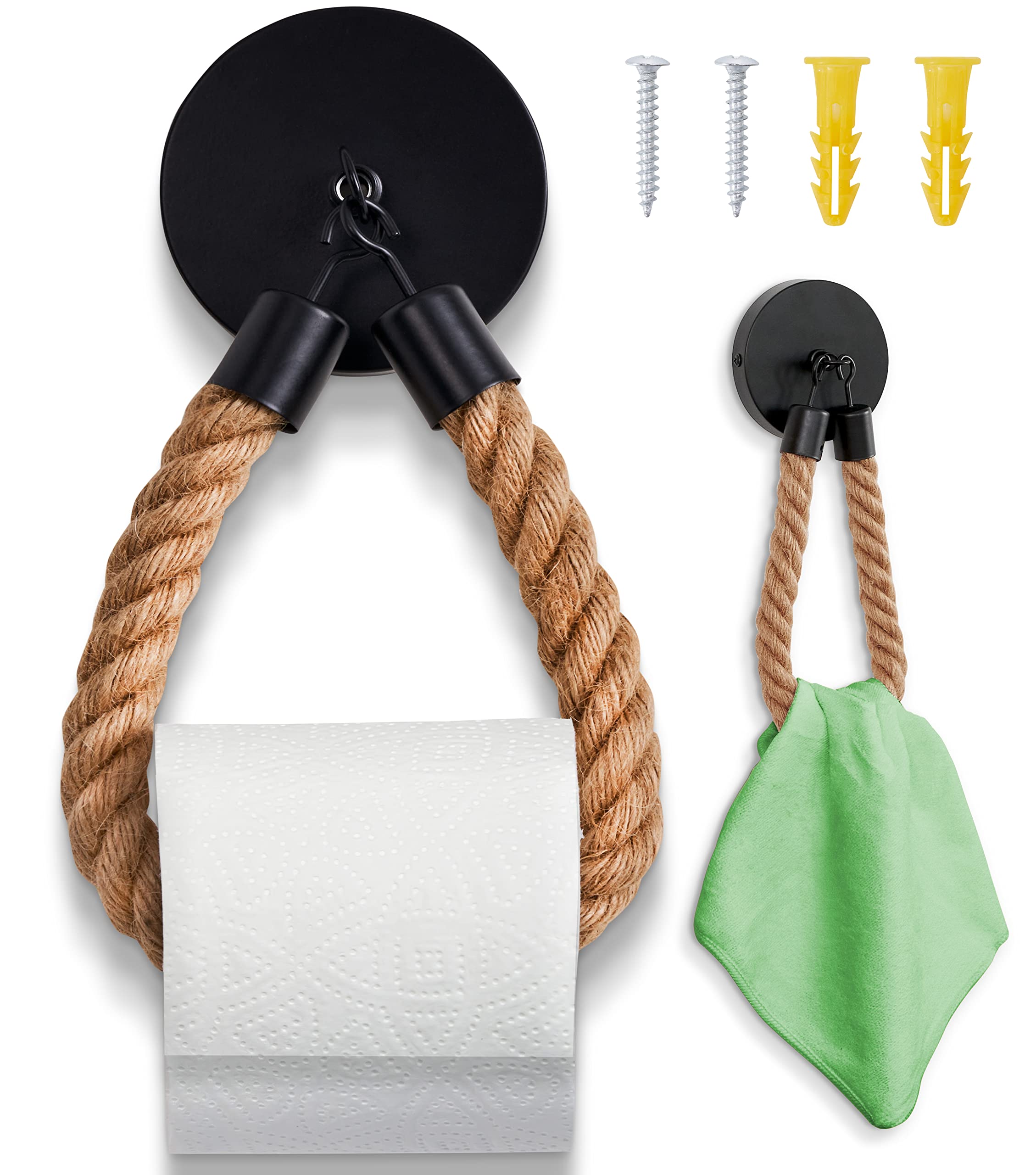 HENNEZ Nautical Rope Wall Mount Toilet Paper Holder - Rustic Industrial Bathroom Tissue Roll Holder - Perfect for Coastal, Farmhouse & Vintage Style Bathroom Decor