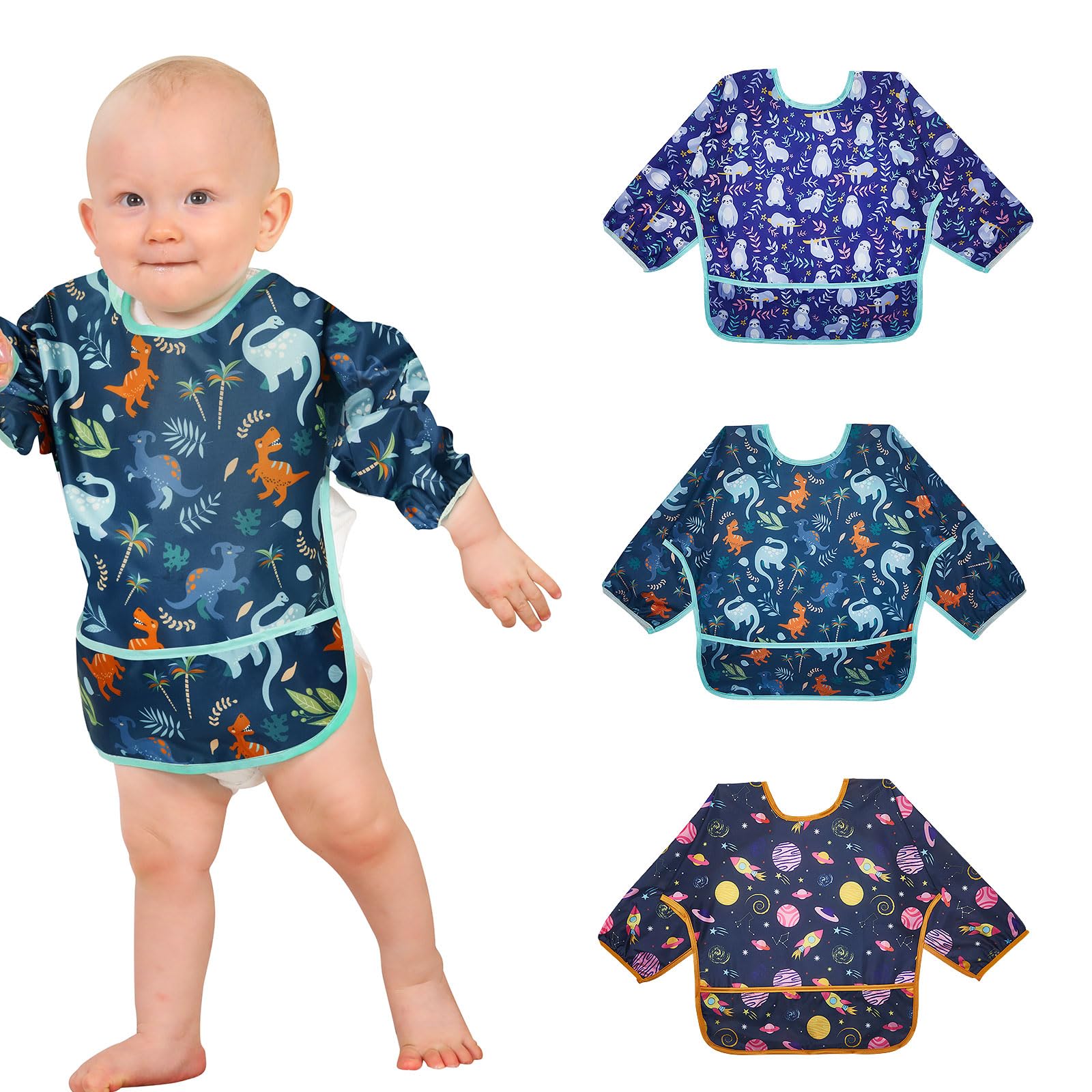 Lictin 3 Pack Baby Bibs for Boys & Girls - Waterproof Long Sleeve Toddler Bibs with Cute Designs - Perfect for Feeding, Mealtime & Messy Play