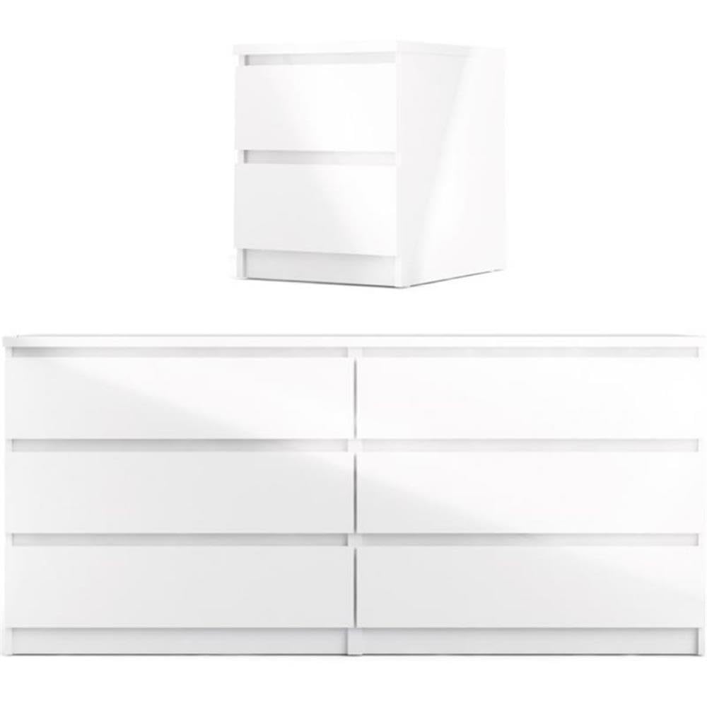 Home Square 2-Piece White High Gloss Wood Bedroom Set - 2-Drawer Nightstand & 6-Drawer Dresser | Perfect for Modern Bedrooms, Guest Rooms & Small Spaces