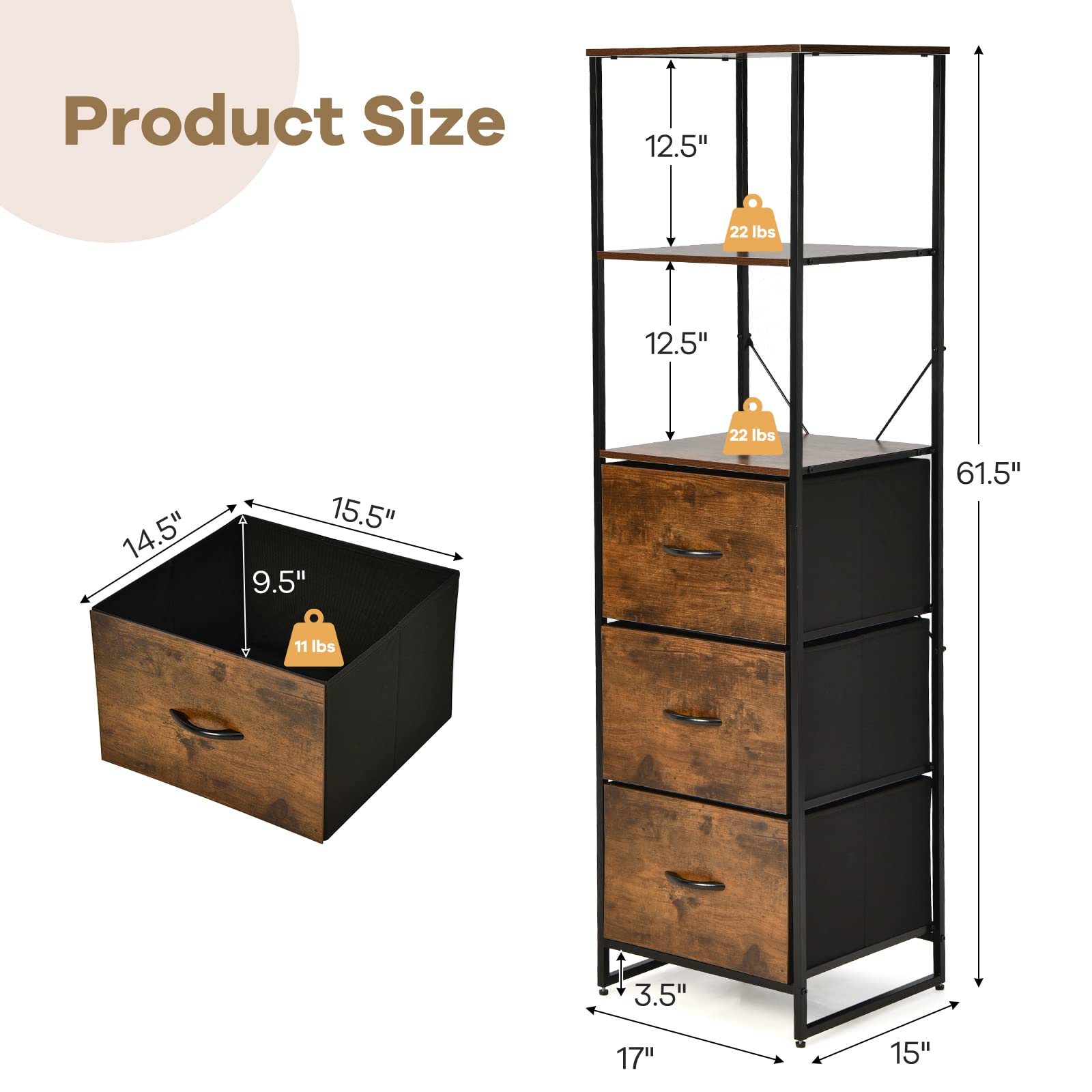 LOKO Tall Floor Storage Cabinet - Industrial Skinny Cabinet with 3 Fabric Drawers, Rustic Narrow Storage Organizer with Adjustable Footpads (17x15x61.5 Inches) - Perfect for Bedroom, Living Room & Office Organization