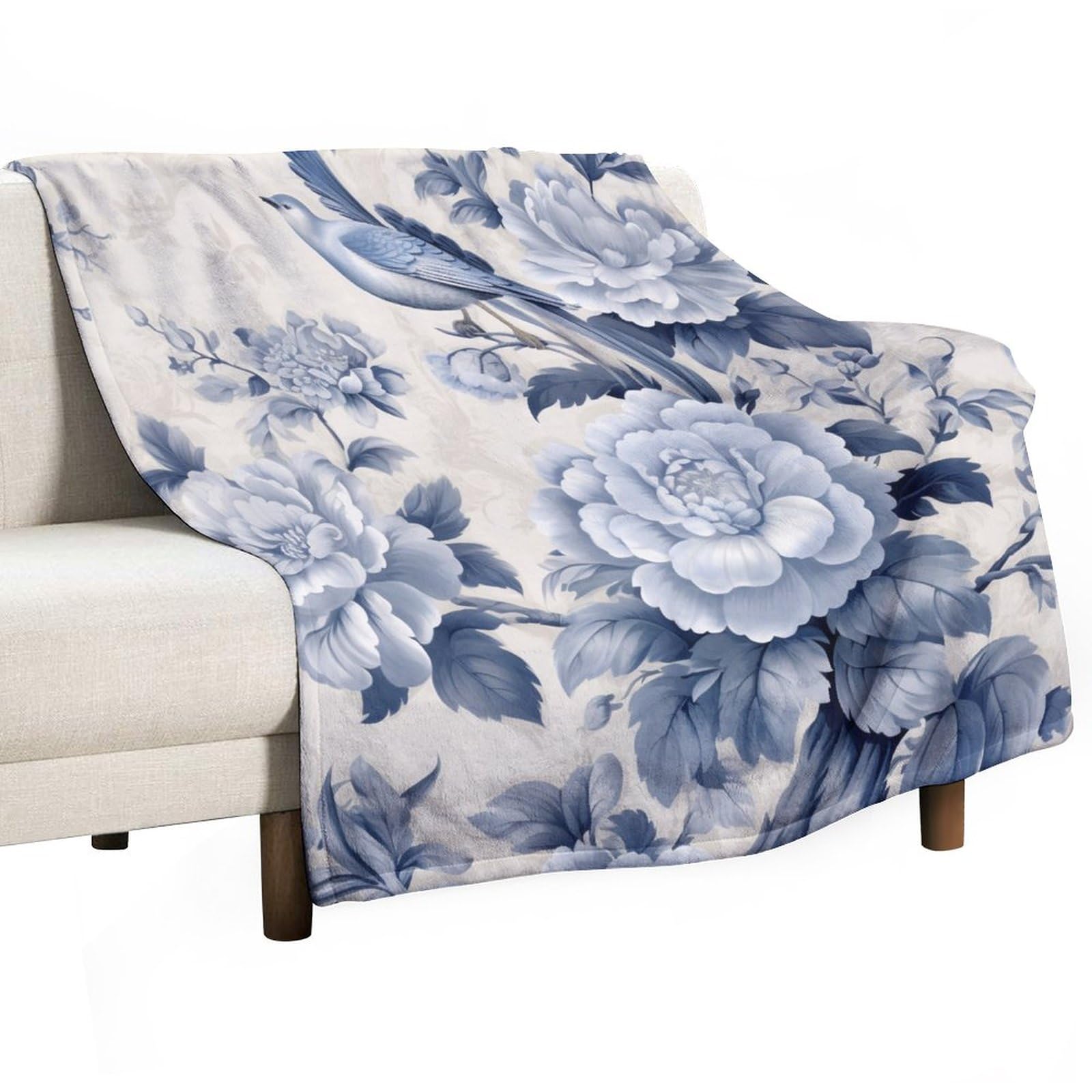 Blue White Floral Chinoiserie Throw Blanket - Vintage Spring Flower Bird Design, 60x80 Inch Lightweight Cozy Sofa Blanket for Adults | Perfect for Living Room, Bedroom & Gift Giving