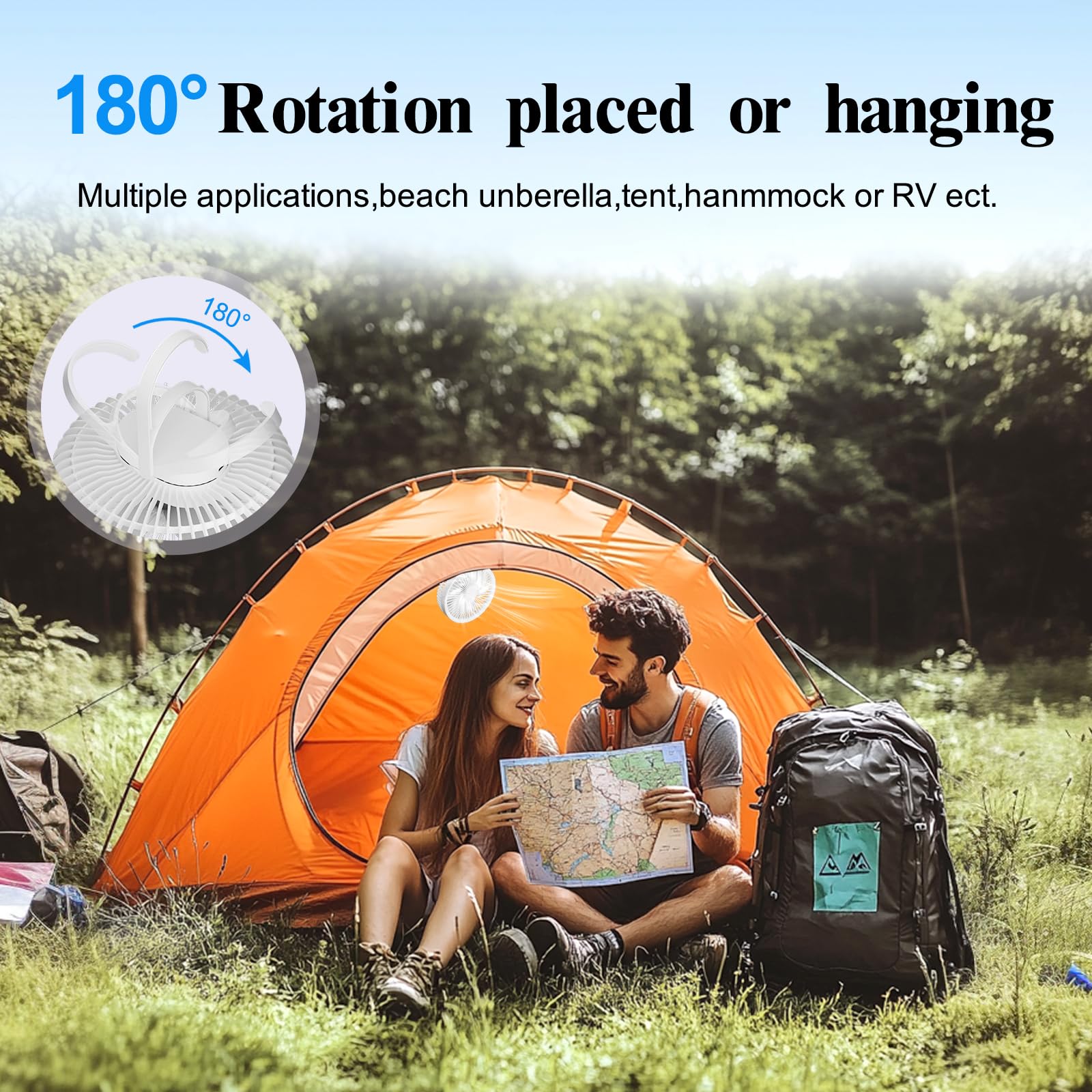 ZKLiLi 7-Inch Rechargeable USB Camping Fan with Light & Remote Control - Portable Hanging Tent Fan for Outdoor Camping, Hiking, and Indoor Desk Use - White