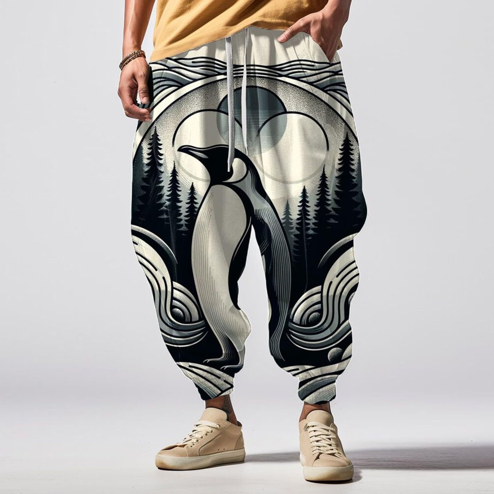 **Men's Hip Hop Harem Pants - Blue Cotton Linen Blend Joggers with 34