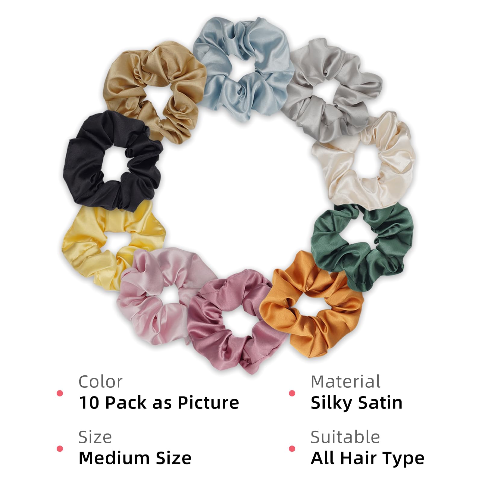 10 Packs Silky Satin Scrunchies for Women & Girls - Soft Hair Ties, Ponytail Holders & Elastic Hair Bands - Perfect for Workouts, Office, School & Everyday Styling