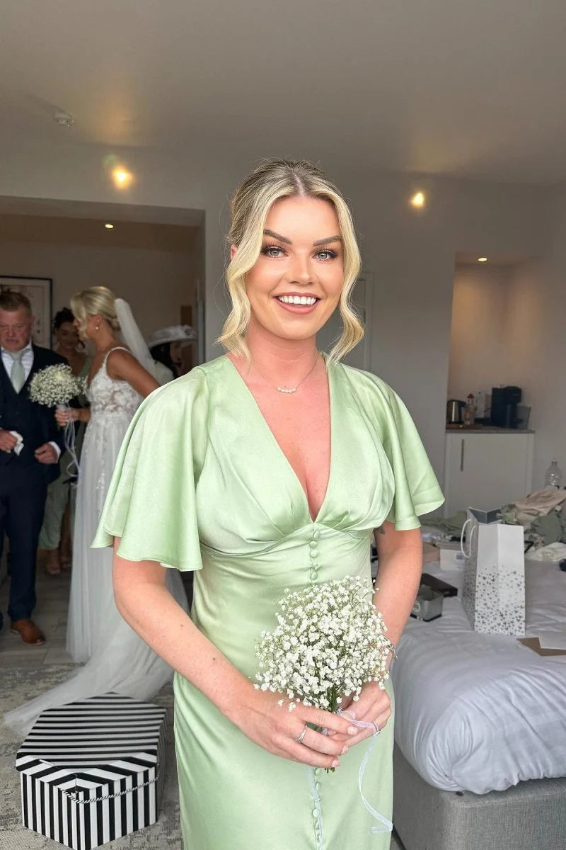Elegant Sage Green Silk Satin Bridesmaid Dress with Flare Sleeves & Button Details - Perfect for Beach Weddings, Formal Events & Special Occasions