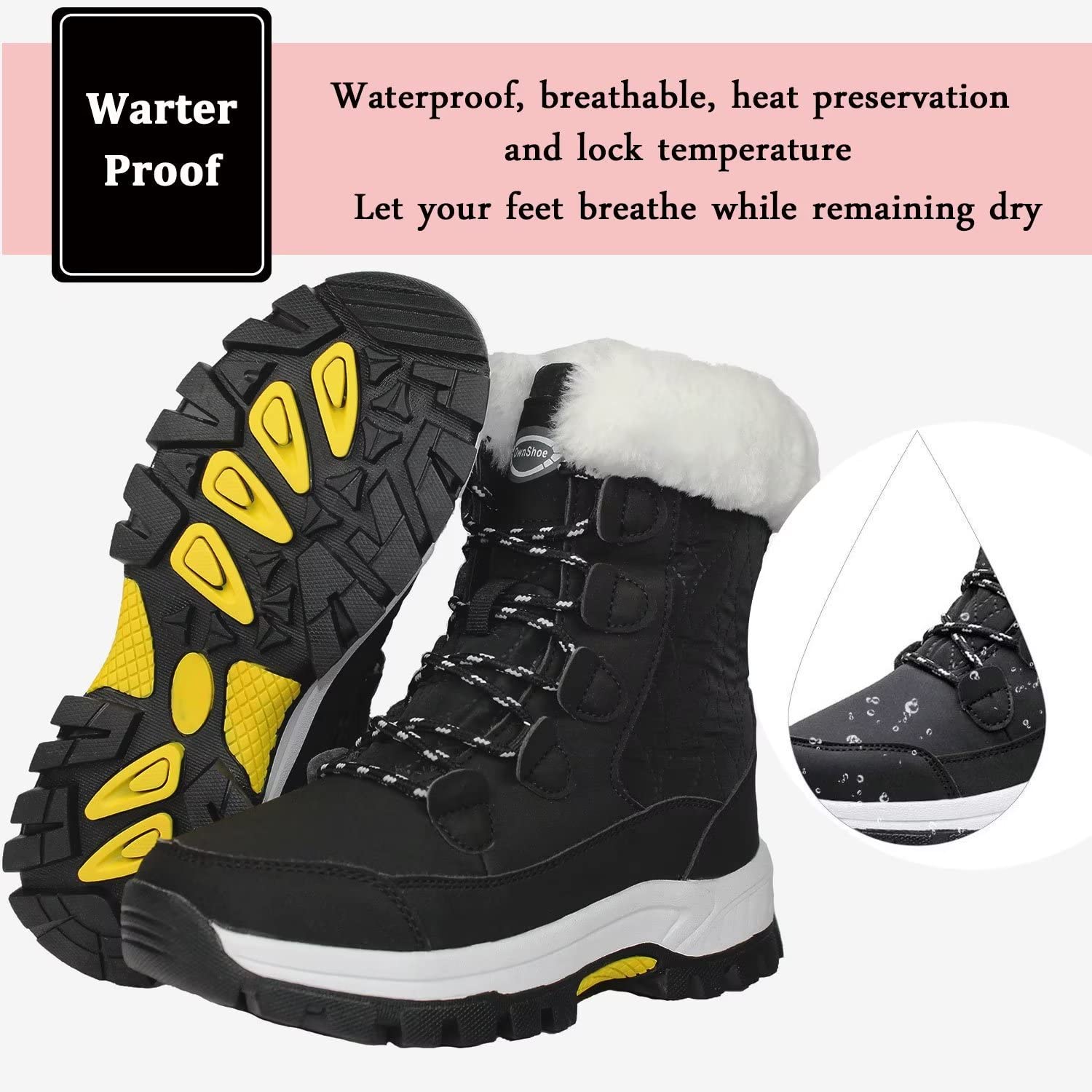 Tanleewa Women's Waterproof Faux Fur Winter Snow Boots - Mid Calf Warm Snow Boots with Anti-Slip Sole for Outdoor Activities, Hiking & Cold Weather Fashion