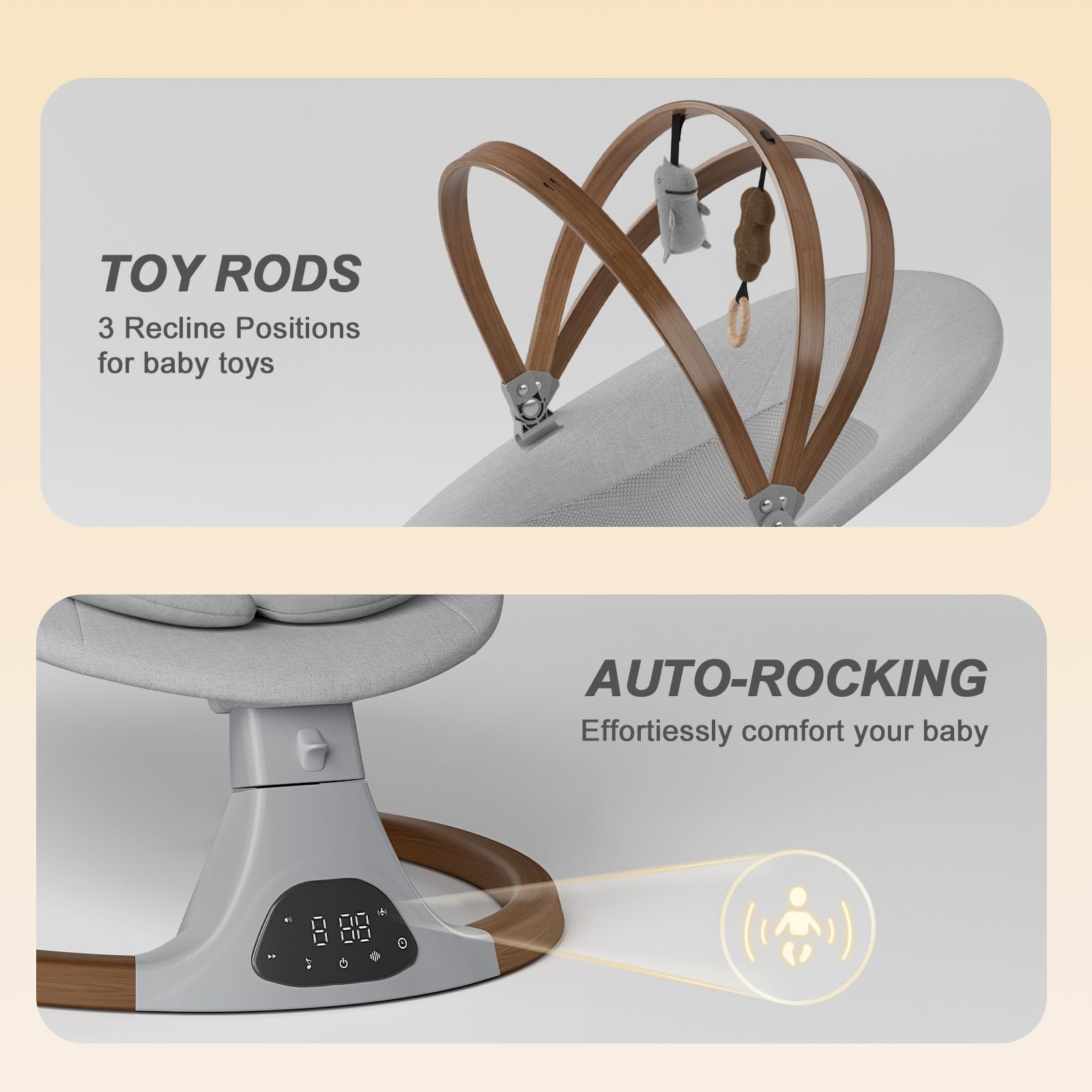 Monamii Bluetooth Baby Swing with Music Speaker - 5 Speed Adjustable, Remote Control, Portable Infant Swing for Indoor & Outdoor Use - Perfect for Nursery, Travel & Soothing Fussy Babies (Light Grey)