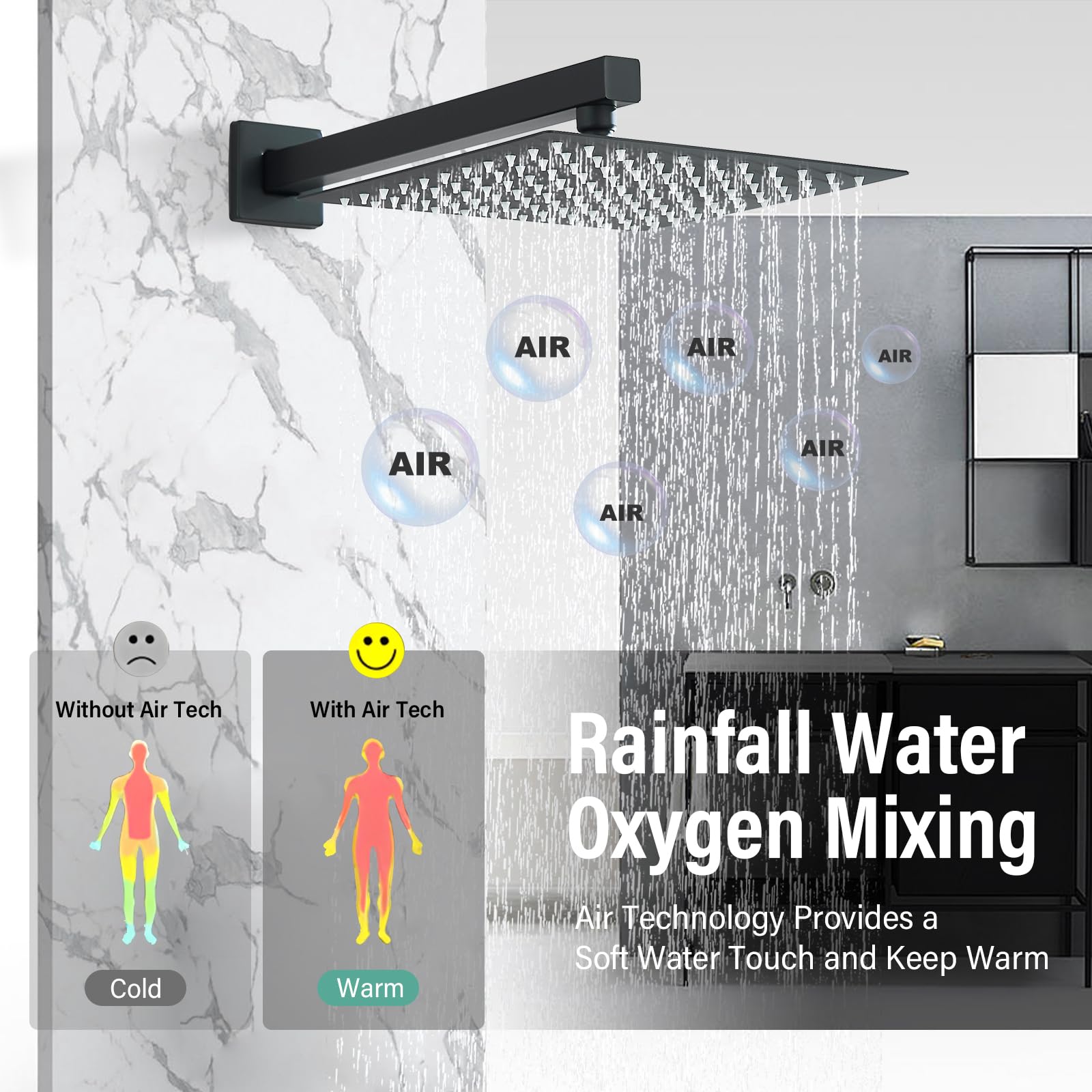 Premium Matte Black Rain Shower System - 12