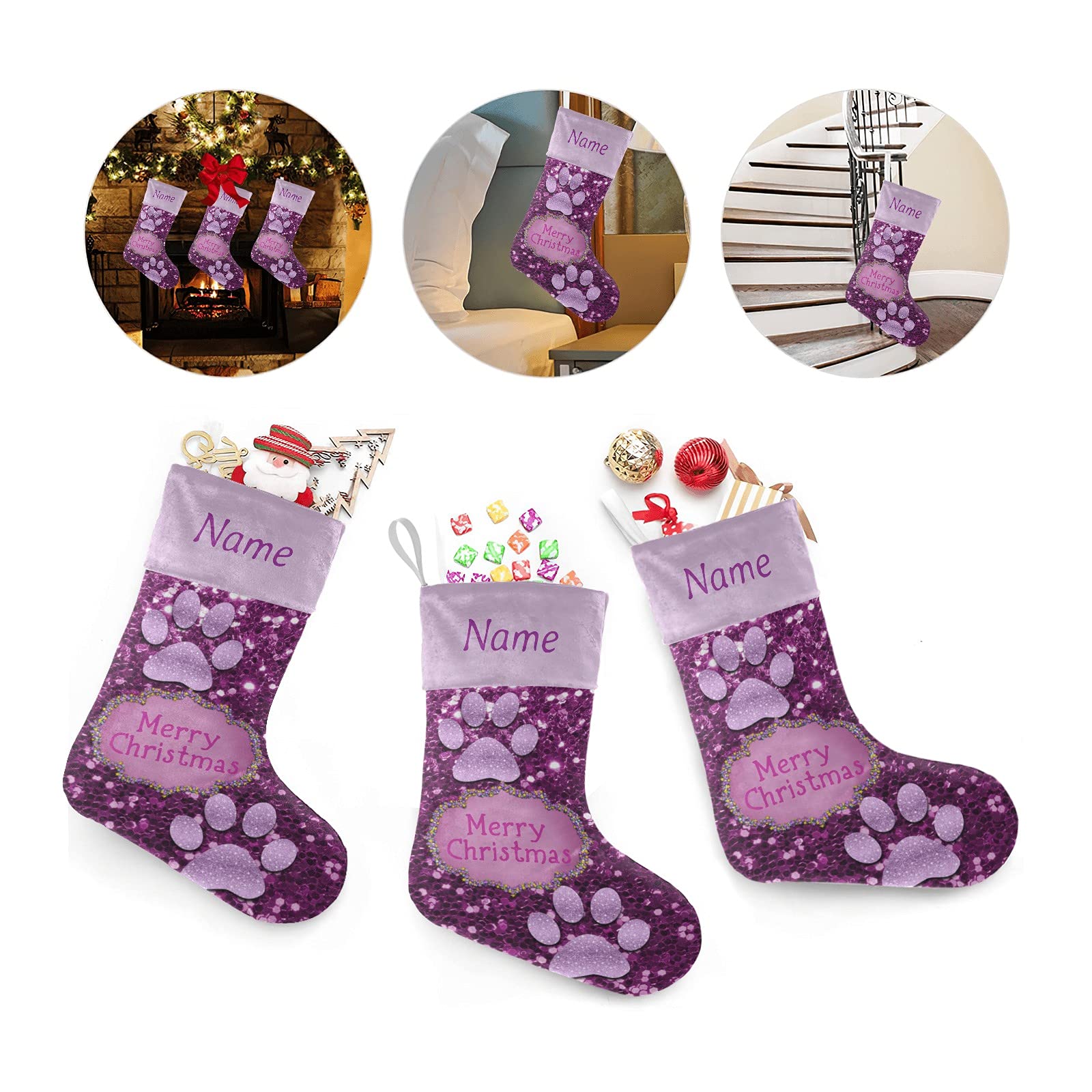 Personalized Christmas Stockings with Name - Purple Paw Bling Print Holiday Decor for Family, Pets & Home (17.52 x 7.87 Inch) - Perfect for Fireplace Mantel, Xmas Tree Decorations & Gift Exchange Parties