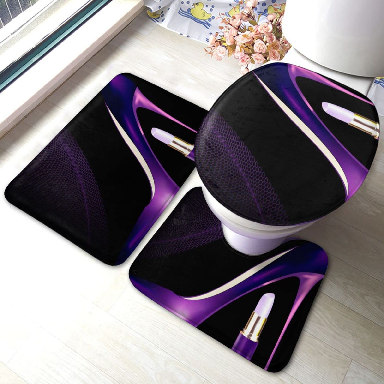 Elegant Purple High Heel & Lipstick Bathroom Rugs Set - 3 Piece Non-Slip Bath Mat for Toilet, Bathroom, Bedroom & Kitchen - Soft & Absorbent Floor Mats for Home Decor & Safety