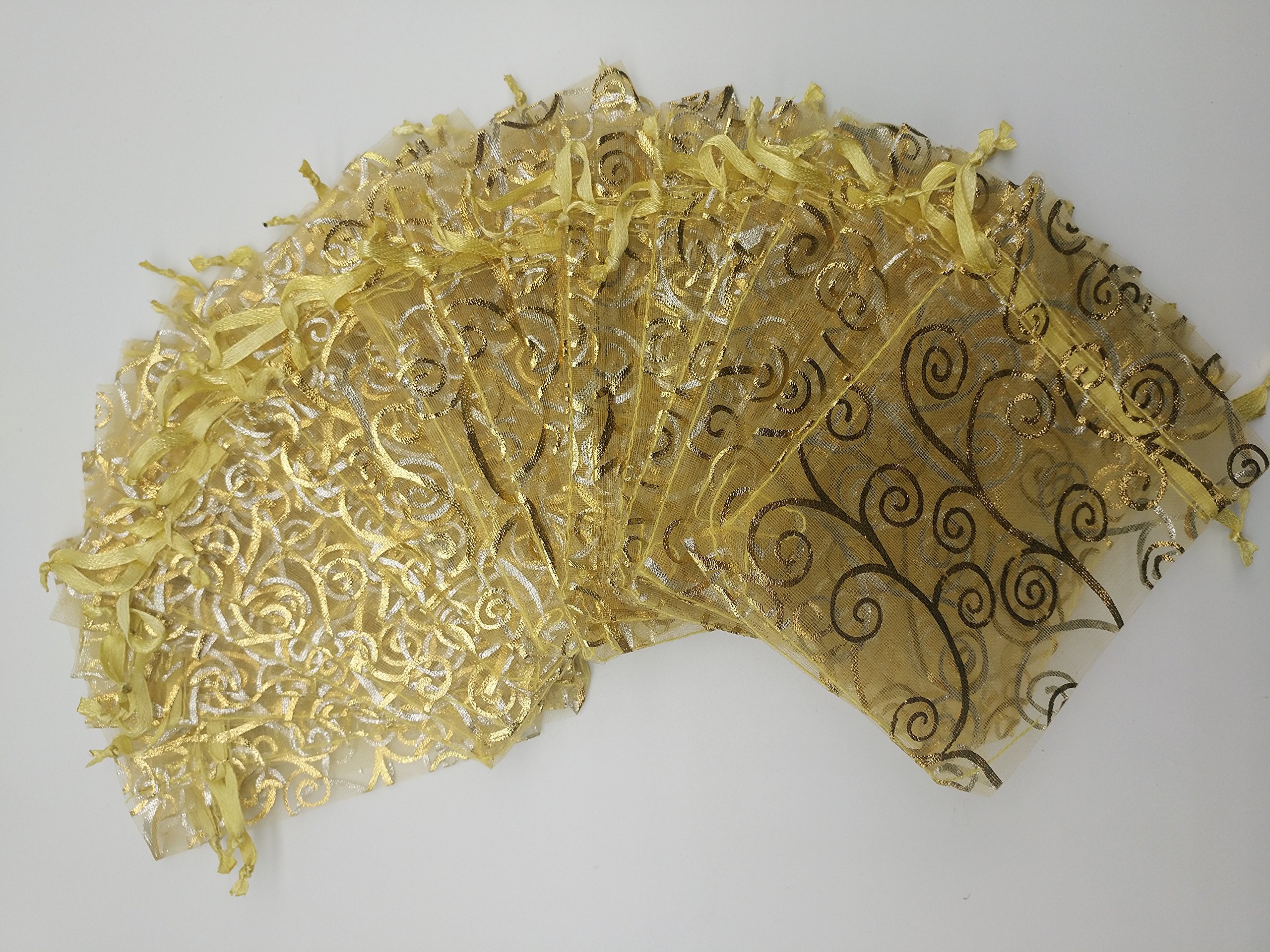 100pcs Sheer Organza Favor Bags 4x6 Inch Gold - Elegant Wedding Gift Bags, Baby Shower Party Favors, Rattan Print Drawstring Pouches for Candy, Jewelry & Small Gifts - Perfect for Bridal Showers, Birthday Parties and Special Events