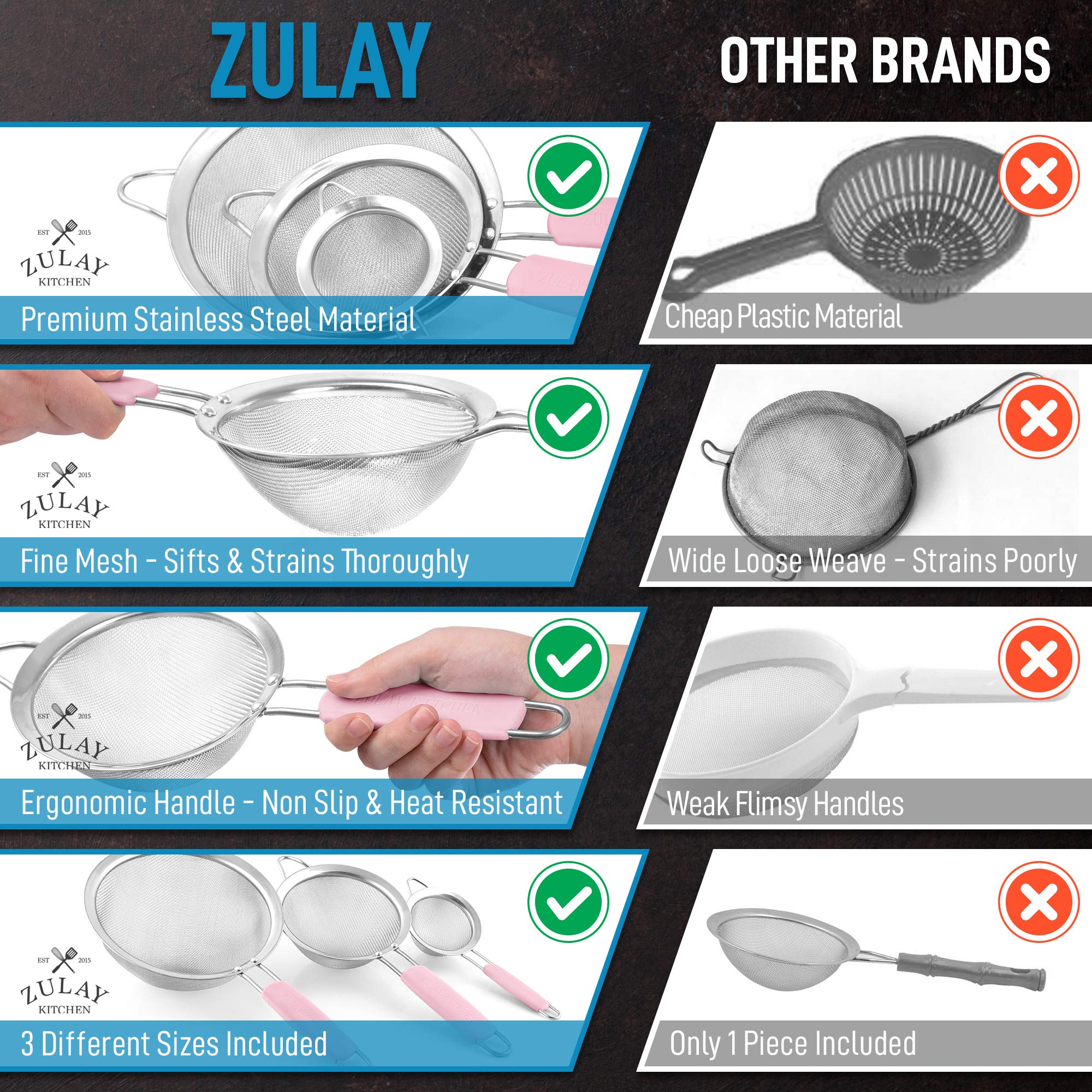 Premium Stainless Steel Strainer Set - 3 Sizes for Kitchen, Non-Slip Handles - Perfect for Baking & Cooking