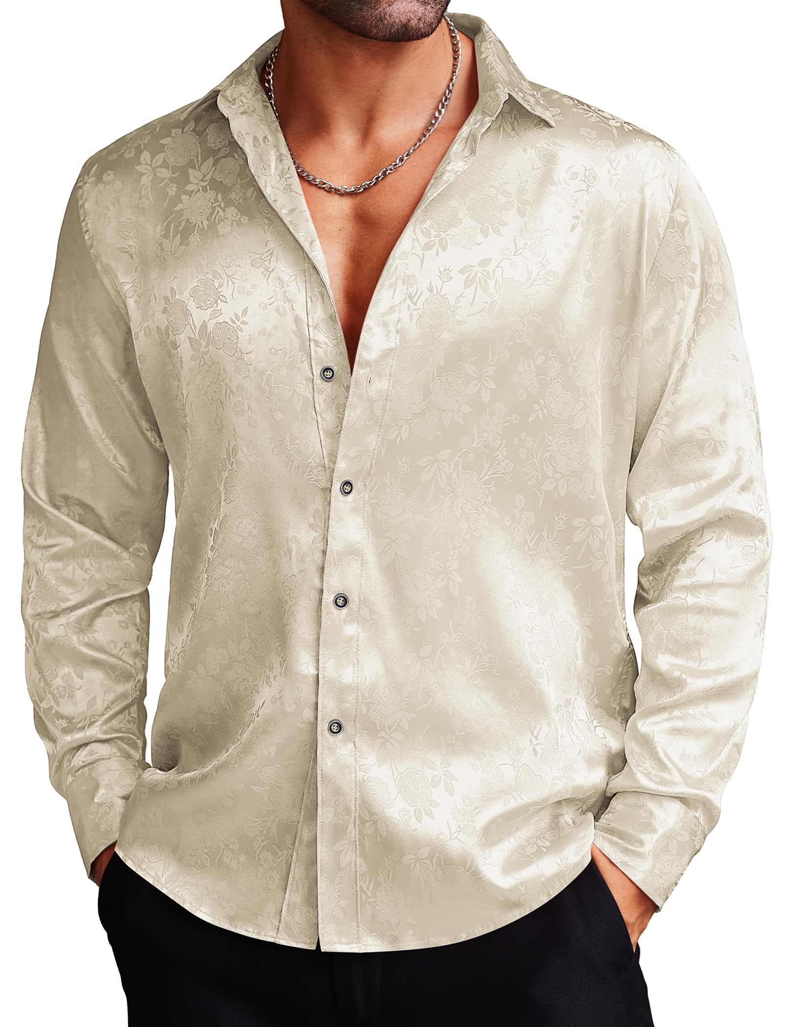 COOFANDY Men's Silk Satin Dress Shirt - Jacquard Long Sleeve Floral Button Up Shirt for Wedding, Prom & Party | Formal Occasions & Business Events