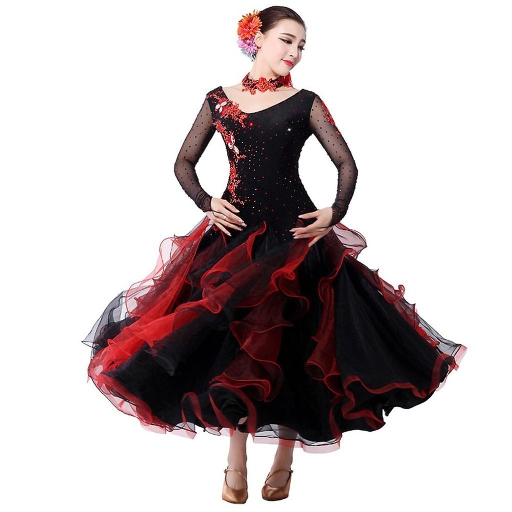 Elegant Women's Modern Waltz Tango Smooth Ballroom Dance Dress - Standard Competition Dress (Size 2XL) in Black - Perfect for Ballroom Dancing, Latin Dance & Professional Performances