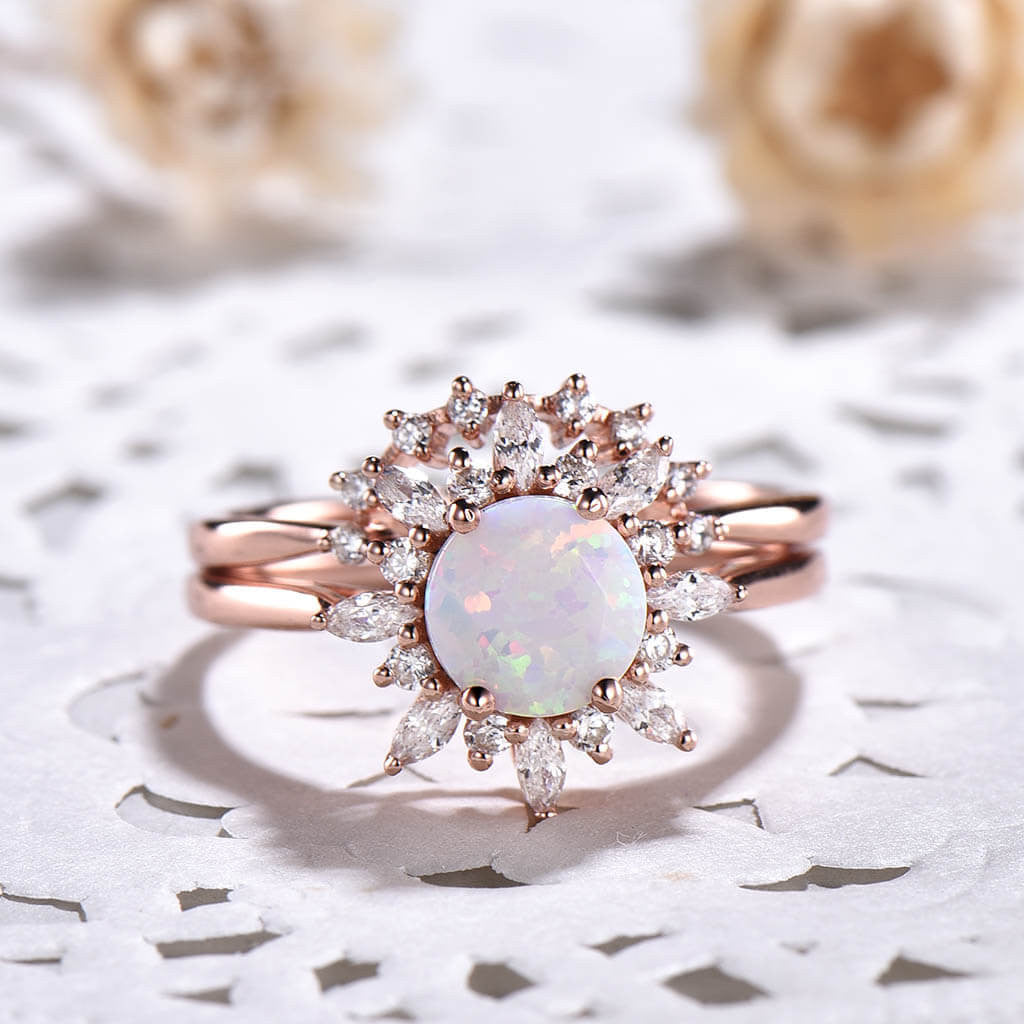 1ct Sunflower Floral Opal & Diamond/Moissanite Engagement Ring Set (2-Piece) - Perfect for Proposals, Weddings & Anniversary Gifts