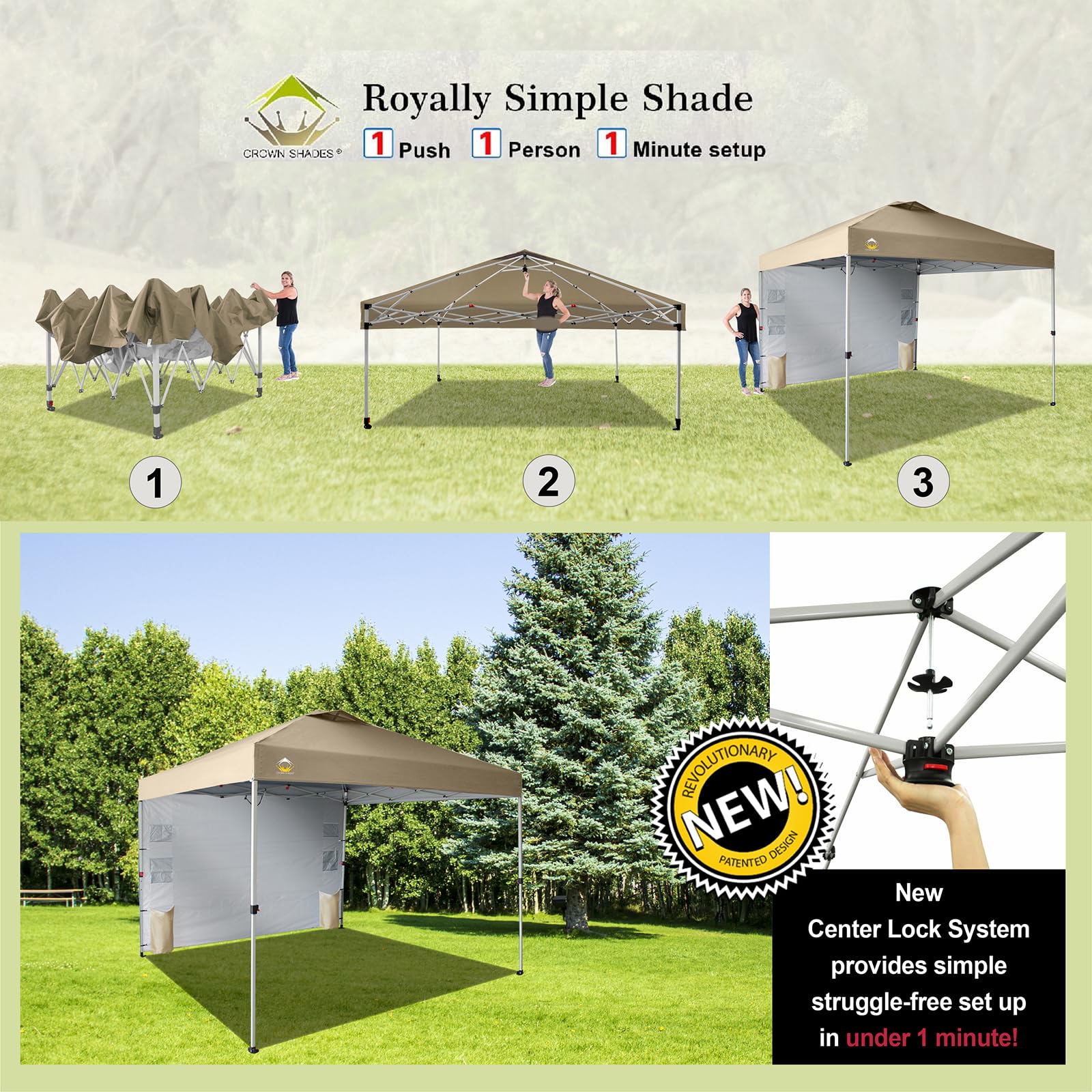 10x10 Pop Up Canopy Tent with Sidewalls & Pockets - Portable Instant Sun Shelter for Camping, Beach, Backyard & Outdoor Events - Easy One-Person Setup with Center Lock - Beige CROWN SHADES Canopy