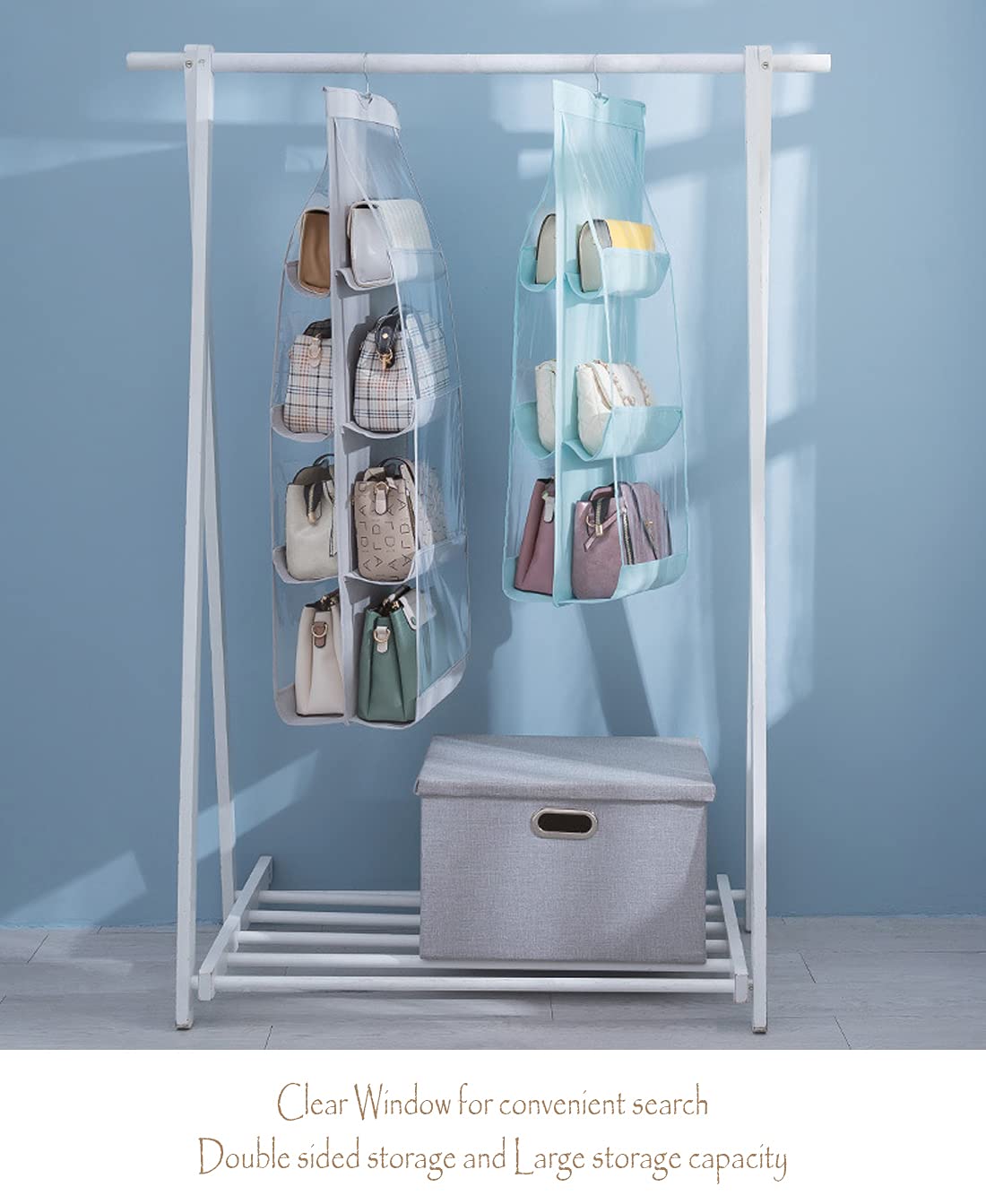 MURRI&MURRDI 2-Pack Hanging Handbag Organizer for Closet - 8 Clear PVC Pockets Purse Storage Holder - Space Saving Wardrobe Organizer (Gray) - Perfect for Handbag, Wallet & Accessory Storage in Bedroom or Walk-in Closet