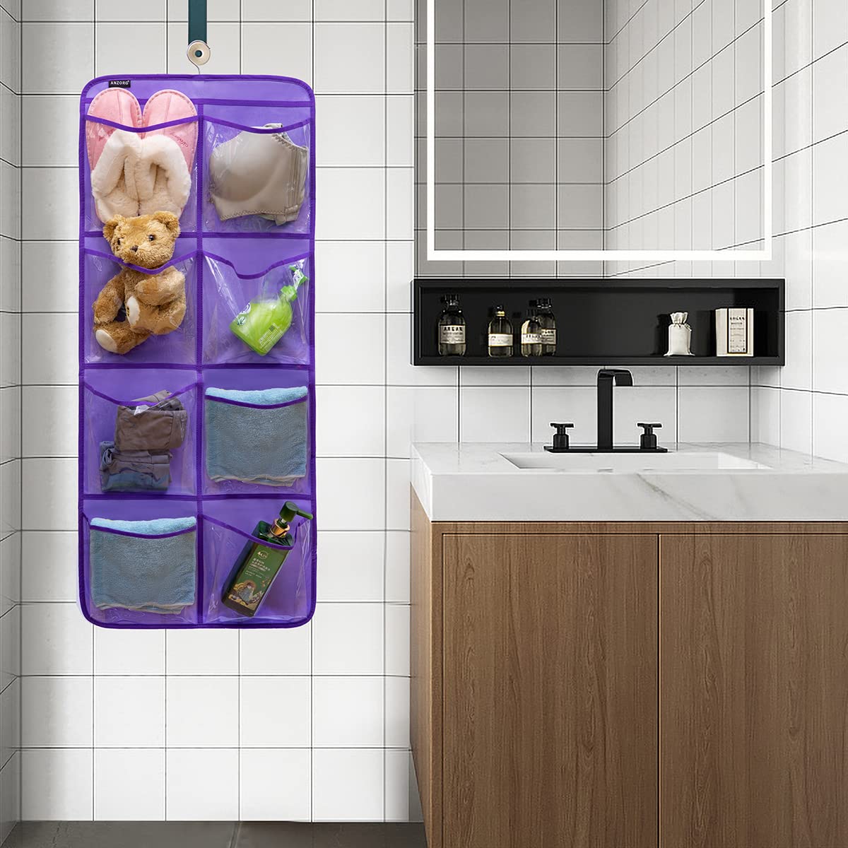 Dual-Sided Hanging Closet Organizer with 26 Pockets - Perfect for Socks, Underwear, Bras, Baby Clothes & Toddler Shoes (Purple-Clear Pockets) | Space-Saving Storage Solution for Kids' Rooms & Nursery Organization