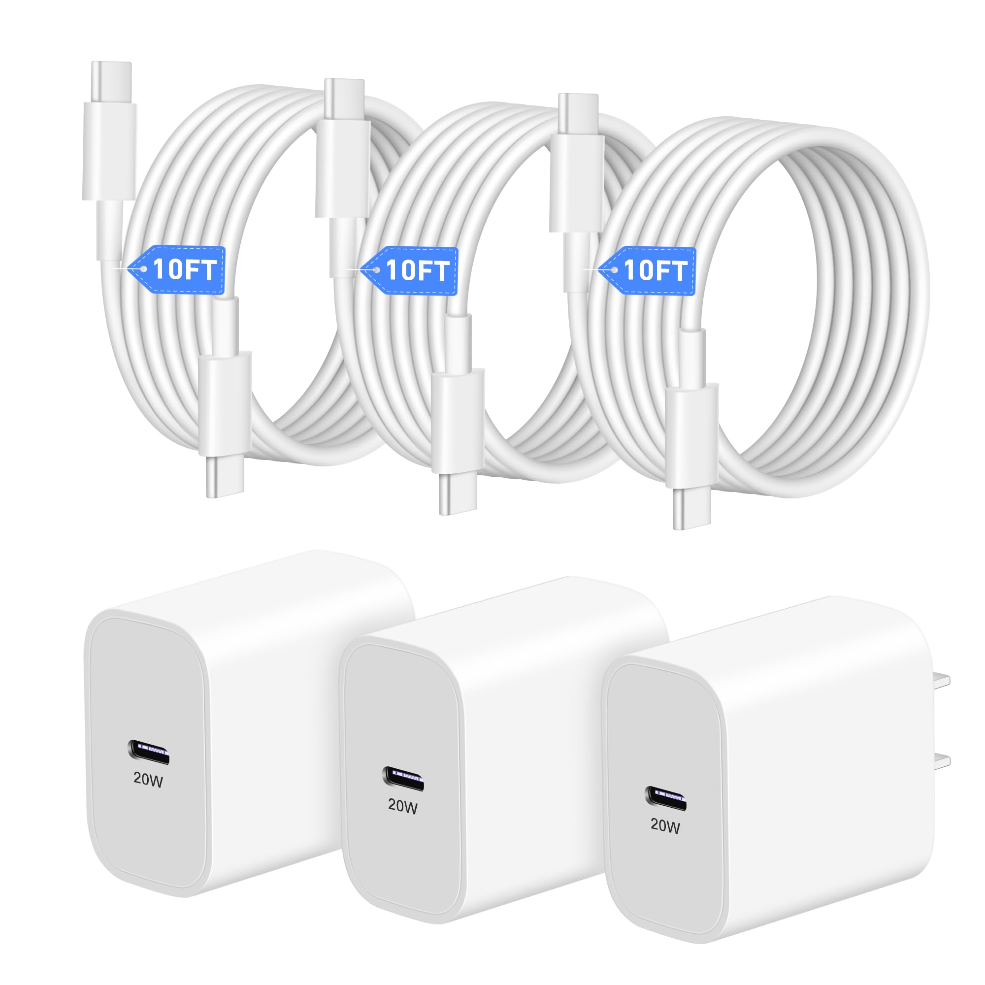 20W Fast USB C Wall Charger 3-Pack with 10FT USB C to C Cable - Compatible with iPhone 16/16 Plus/16 Pro/16 Pro Max, iPad Pro, Google Pixel - Quick Charging for Home, Office & Travel