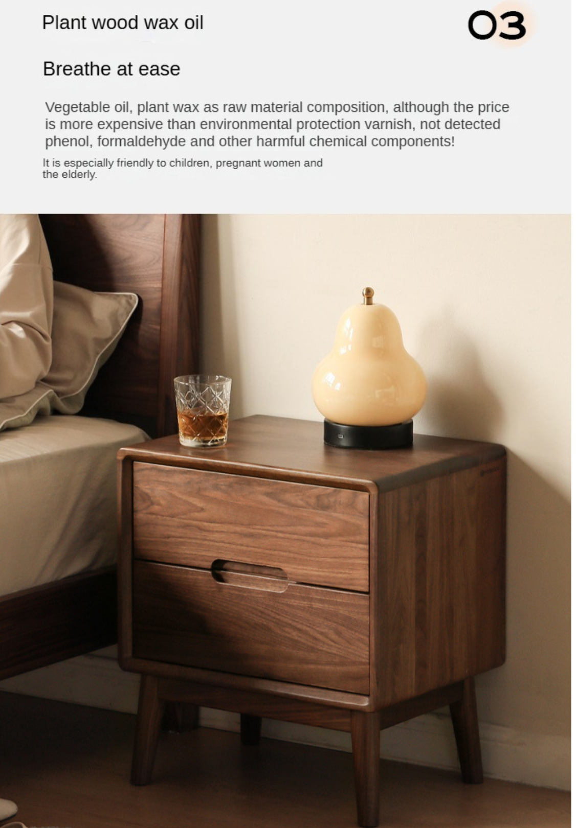 Premium Black Walnut Solid Wood Nightstand with Storage - Modern Bedside Table for Bedroom, Living Room & Guest Room - Durable & Stylish Furniture for Home Decor