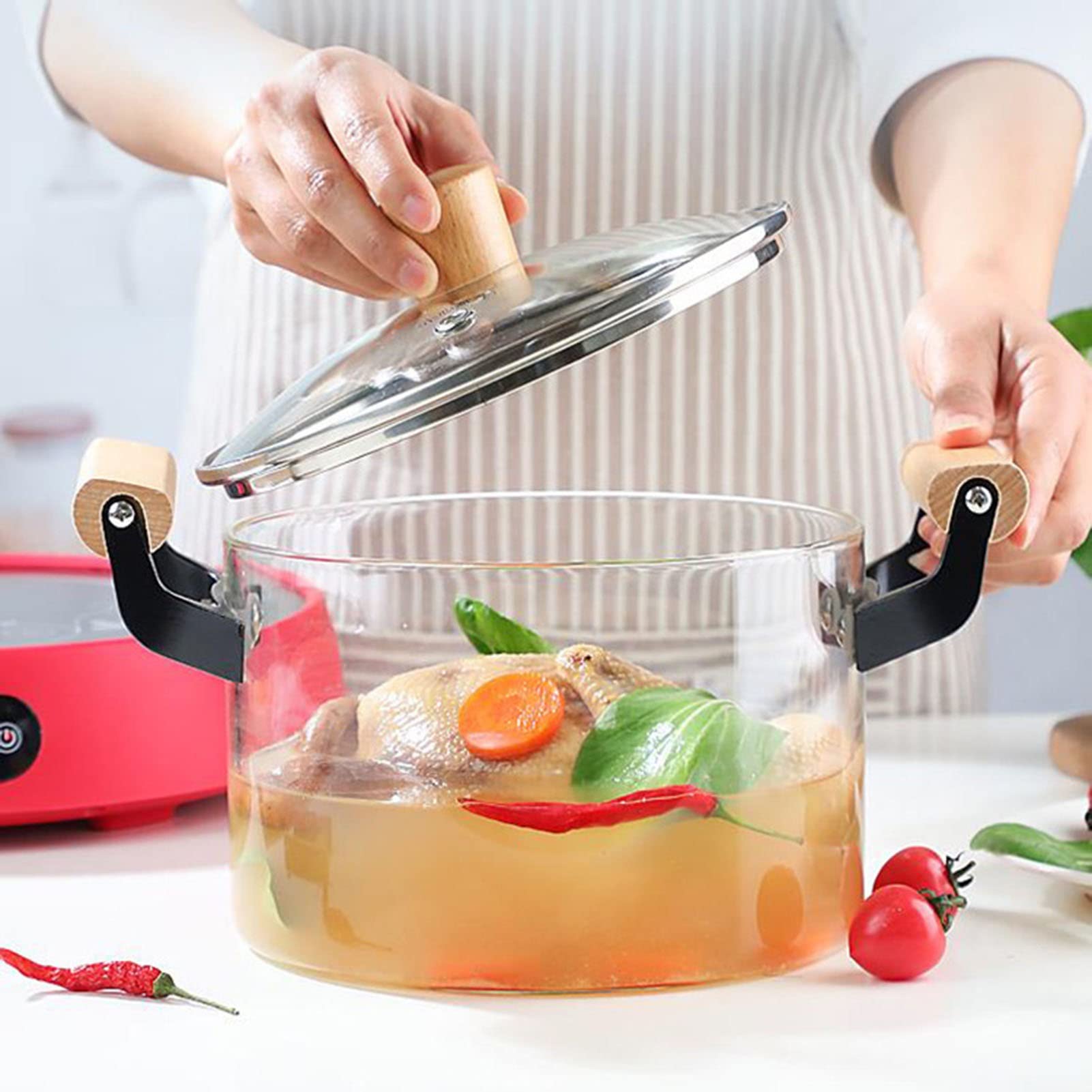 **Heat-Resistant Clear Glass Saucepan with Lid & Wood Handles - 4.5L Nonstick Stewpot for Cooking, Steaming & Boiling - Perfect for Home, Kitchen & Restaurant Use**