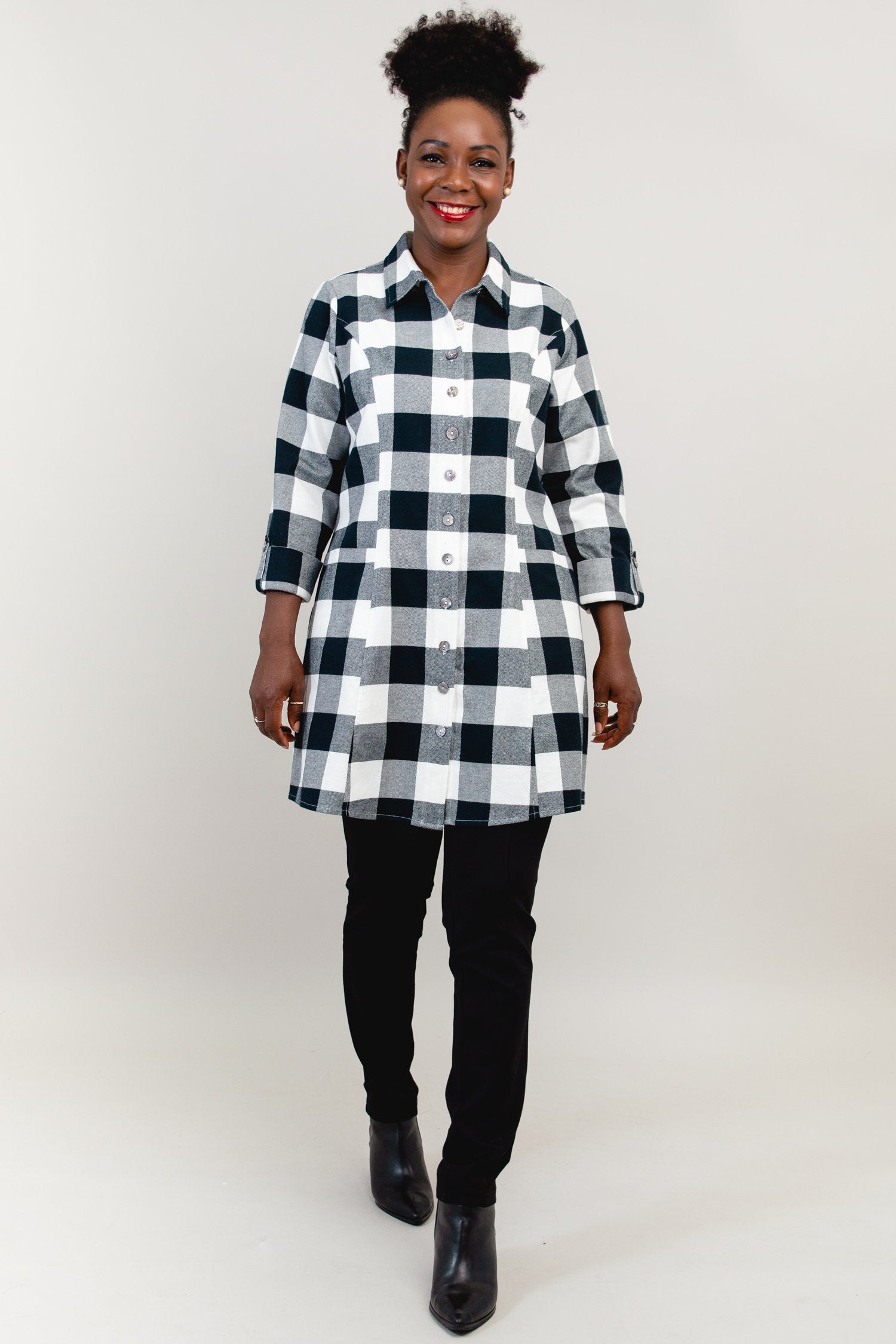 Larissa Tunic - Grey Plaid Cotton Flannel Shirt for Women | Cozy Fall & Winter Layering Top | Perfect for Casual Outfits and Office Wear