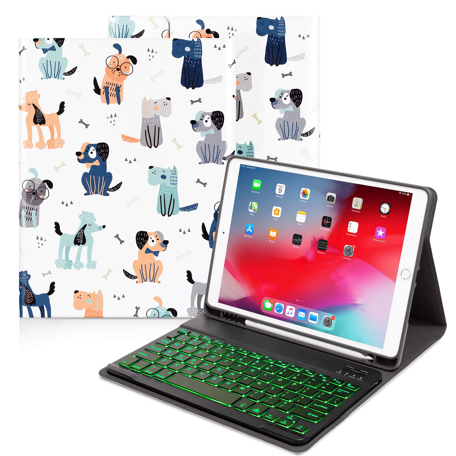iPad Keyboard Case for Kids - Compatible with iPad 9th/8th/7th Gen, iPad Air 3rd & iPad Pro 10.5 | Detachable Bluetooth Keyboard with Backlit (7 Colors), Pencil Holder & Auto Sleep/Wake | Cute Dog Design | Perfect for School, Travel & Home Study