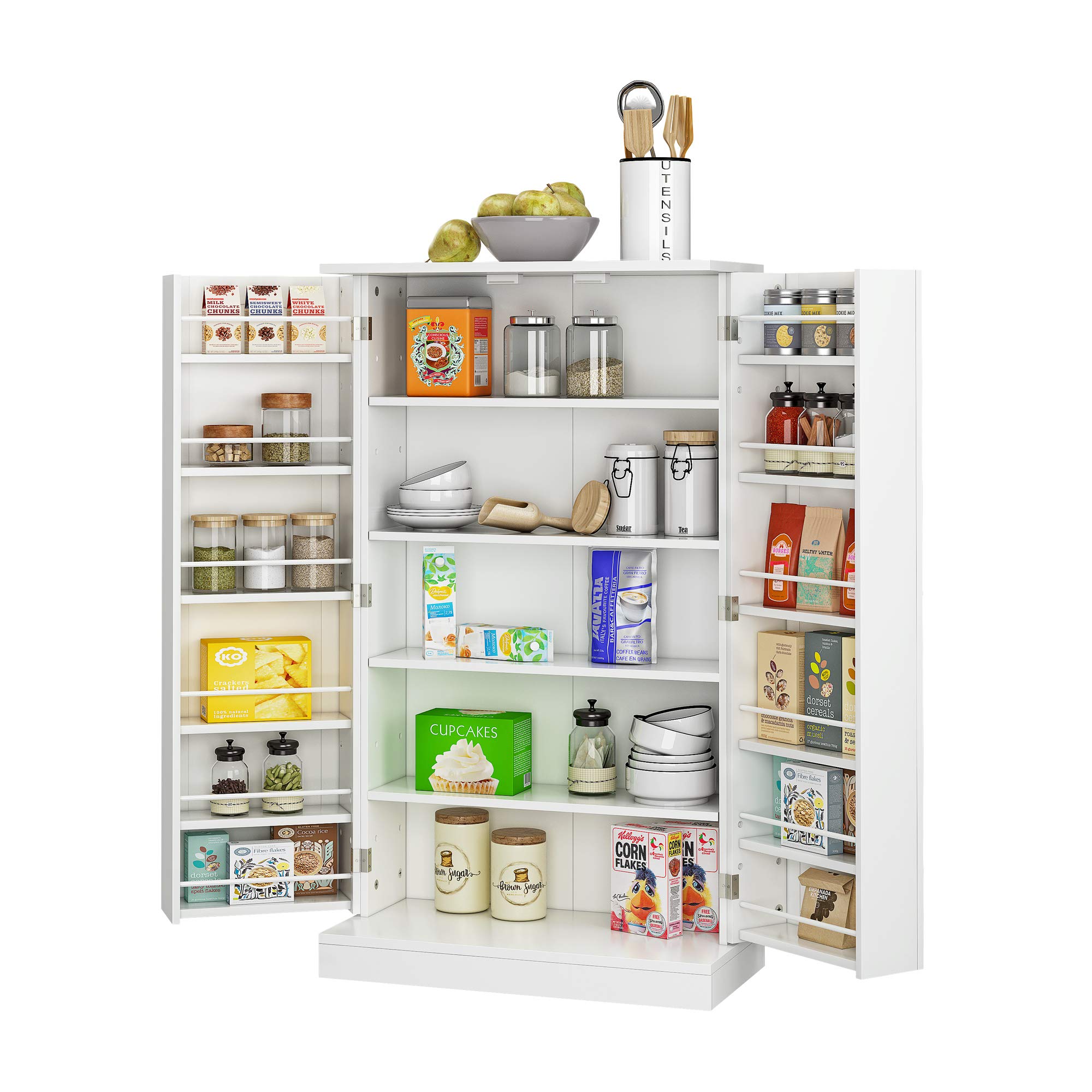 JEROAL White Wooden Pantry Cabinet - Farmhouse Kitchen Storage Organizer with Doors & Shelves for Dining Room, Entryway, Living Room | Perfect for Home, Office & Farmhouse Decor