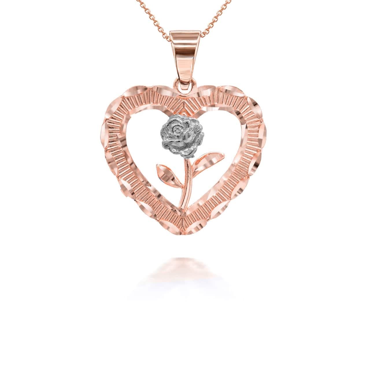 14k Gold Rose in Heart Pendant Necklace for Women - Elegant Valentine's Day Gift, Anniversary Jewelry, Romantic Present for Her - Perfect for Weddings, Date Nights & Special Occasions