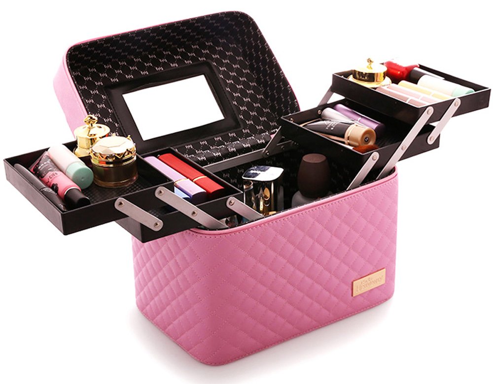 Sooyee 4-Layer Foldable Makeup Bag with Mirror - Pink Cosmetic Organizer & Travel Train Case for Women | Perfect for Travel, Home Storage & On-the-Go Touch Ups