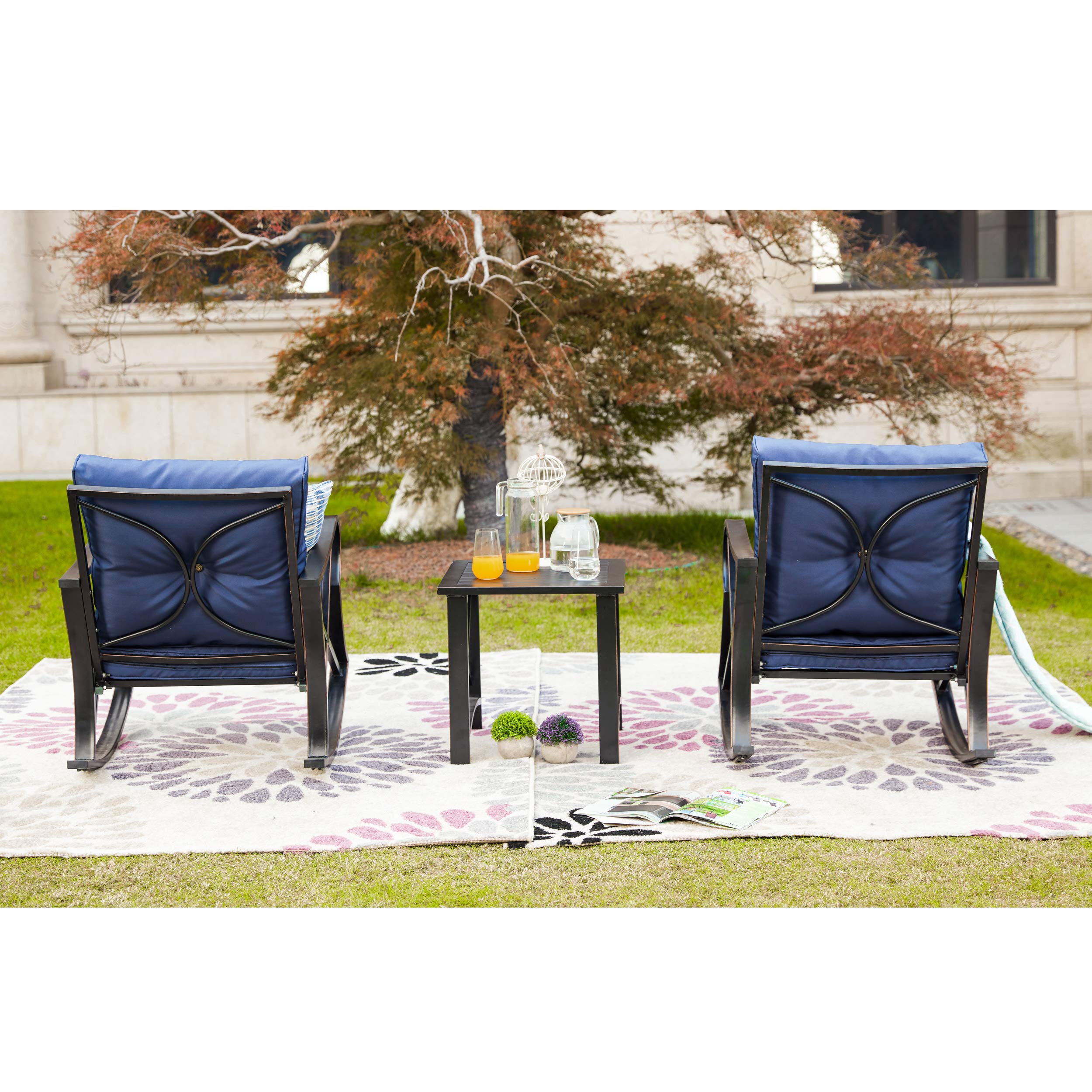 LOKATSE HOME 3-Piece Patio Outdoor Rocking Chair Bistro Set with Coffee Table - Weather-Resistant Wicker Furniture in Coastal Blue - Perfect for Garden, Porch, Poolside & Backyard Relaxation