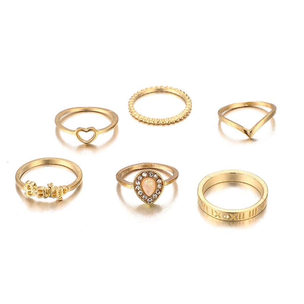 Vintage Heart & Alphabet Drop Diamond Ring Set - 6 Piece Gold Love Rings for Women, Perfect for Valentine's Day, Anniversary Gifts & Romantic Occasions