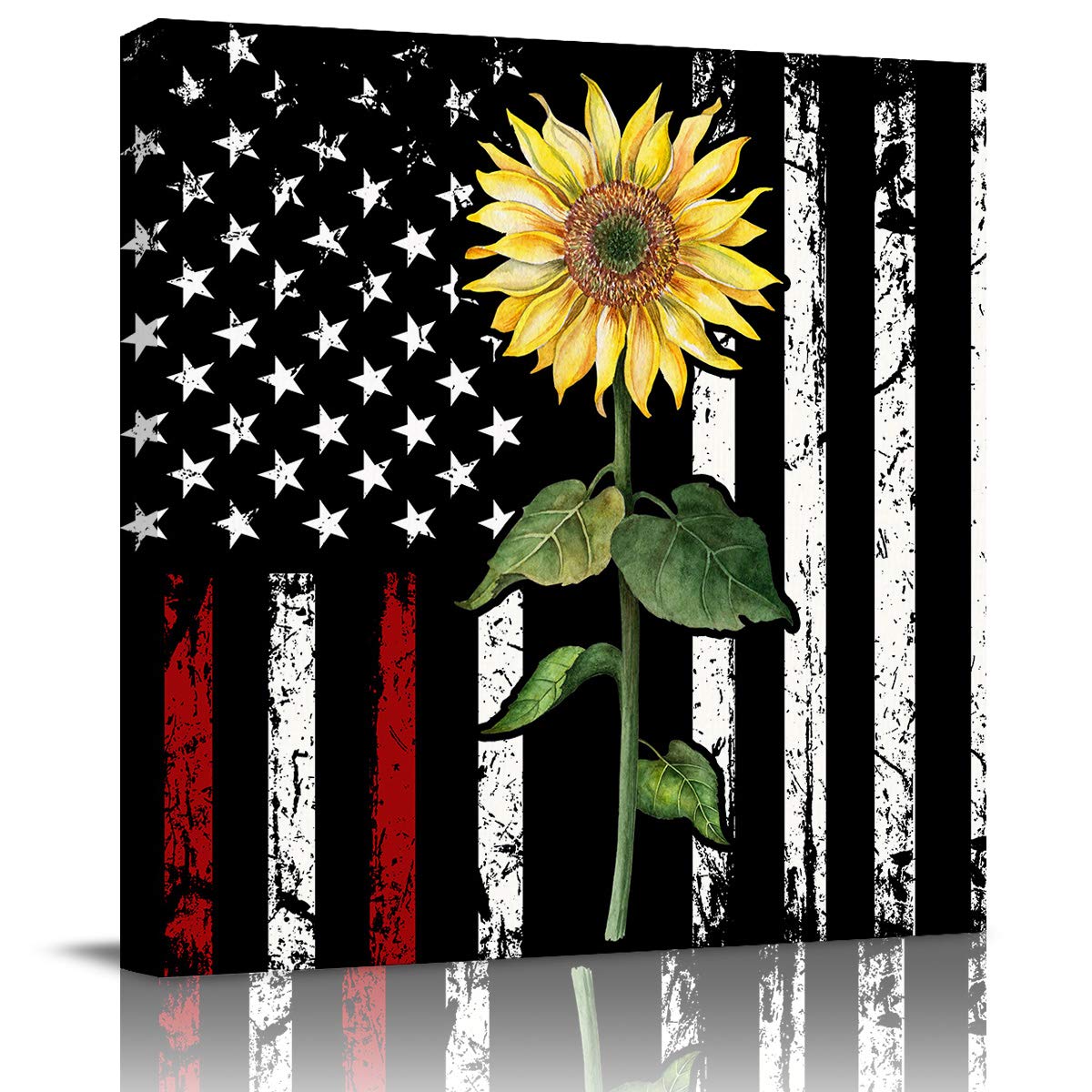 Sunflower Canvas Wall Art - Vintage Framed American Flag Print for Bedroom & Living Room Decor - 28x28 Inch Handmade Canvas Painting - Perfect for Home, Office & Gift Giving