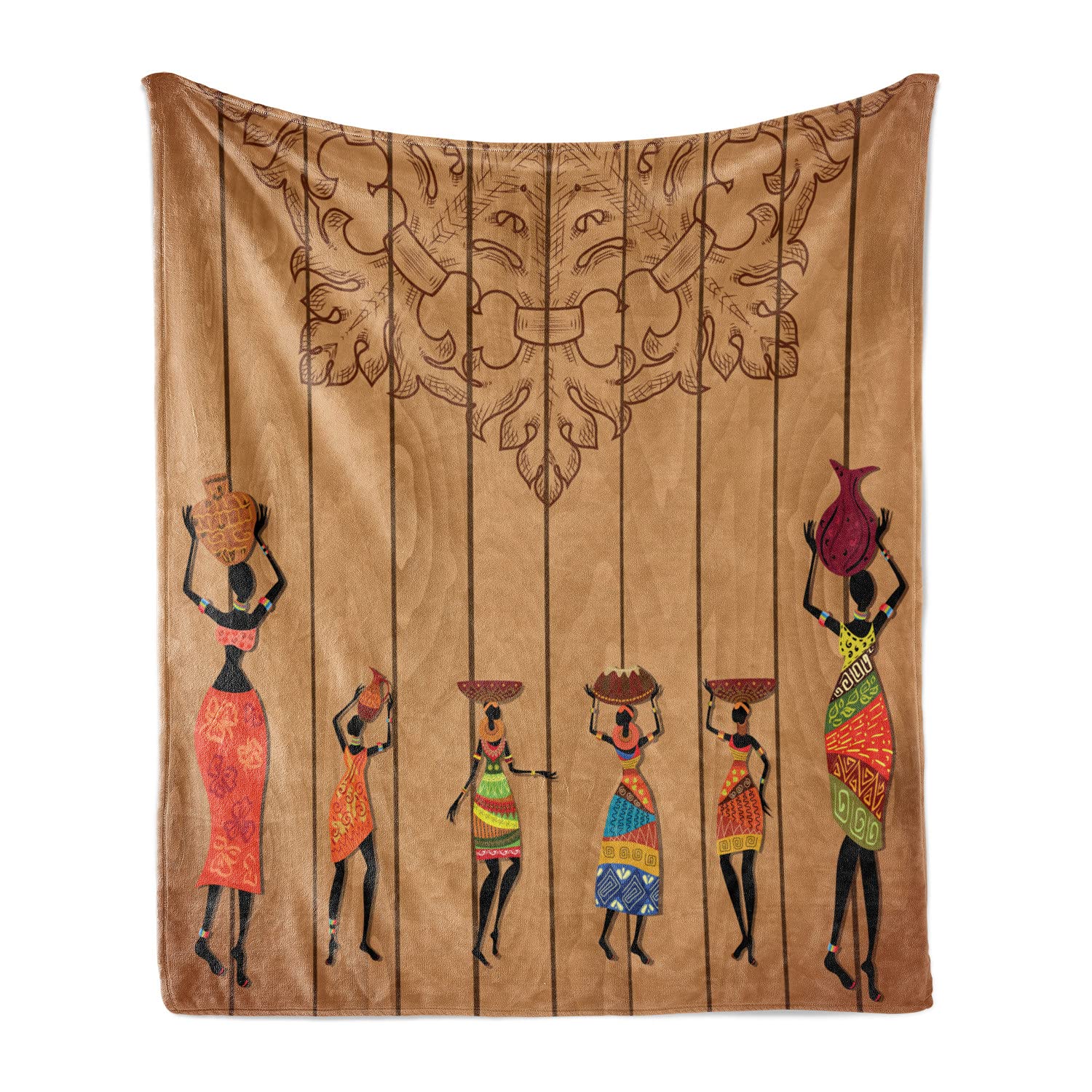 Ambesonne African Print Throw Blanket - Traditional Lady Characters & Floral Design on Rustic Backdrop, Soft Flannel Fleece Accent Blanket for Couch, Bed, Sofa - 50