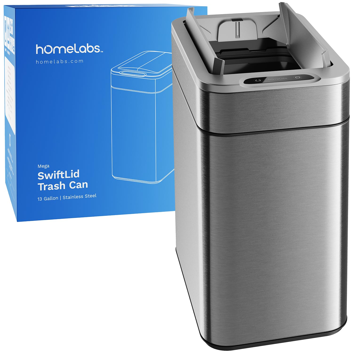 hOmeLabs 13 Gallon Automatic Sensor Trash Can - Retractable Butterfly Lid, Space-Saving Stainless Steel Kitchen Garbage Bin with Battery Operation (Batteries Included) - Perfect for Small Kitchens, Offices, and Bathrooms