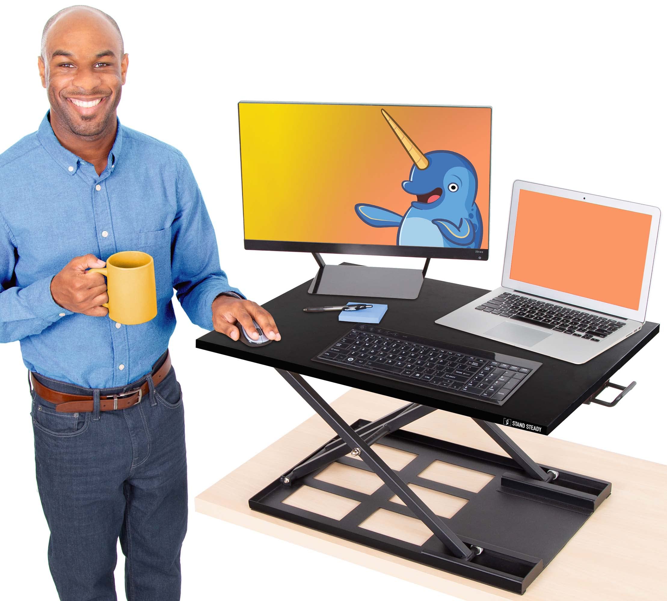 Stand Steady X-Elite Pro Ergonomic Adjustable Standing Desk Converter - 28x20 Inch Height Adjustable Laptop Riser for Home Office Workstation - Perfect for Sit-Stand Work Setup with Computer Monitor (Black)
