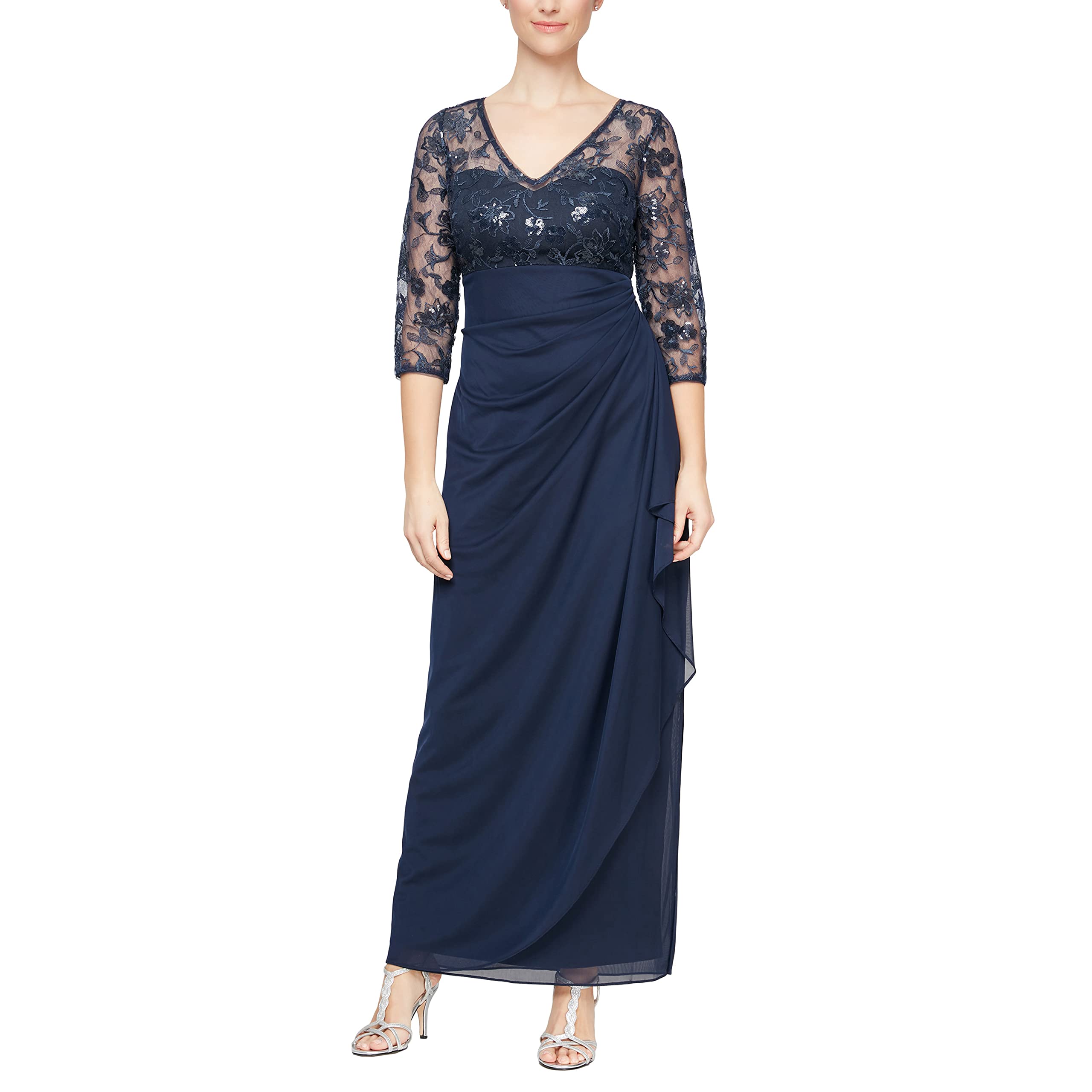 Alex Evenings Women's Long Lace Top Empire Waist Dress - Elegant Formal Gown for Evening Parties, Weddings & Special Occasions