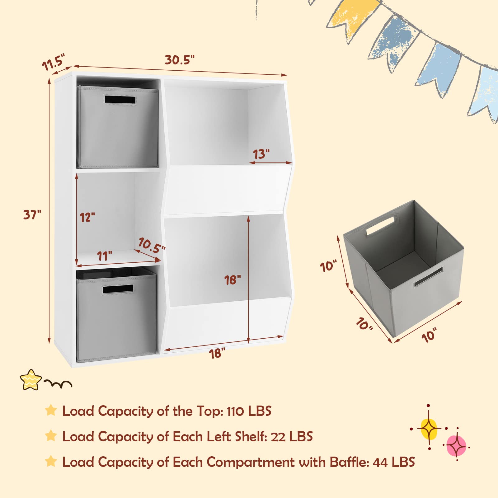 HONEY JOY 5-Cubby Wooden Kids Toy Storage Organizer & Bookshelf with 2 Storage Bins - Playroom, Nursery, Daycare & Kindergarten Toy Display Cabinet for Books, Toys & Organization