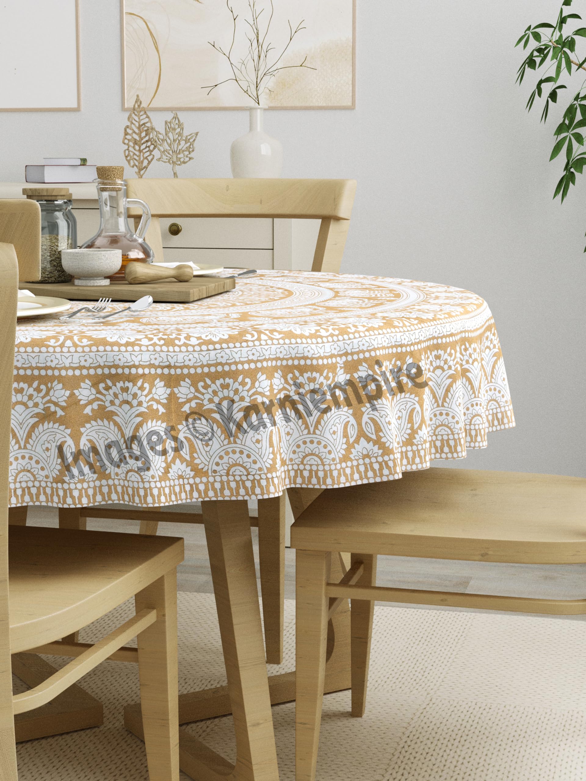 Indian Boho Golden Elephant Mandala Round Tablecloth – 50 Inch Decorative Table Cover with Teal Mandala Flowers for Home, Kitchen, Dining Room, Party & Outdoor Picnic – Perfect for Bohemian Decor, Festive Gatherings and Garden Tea Parties